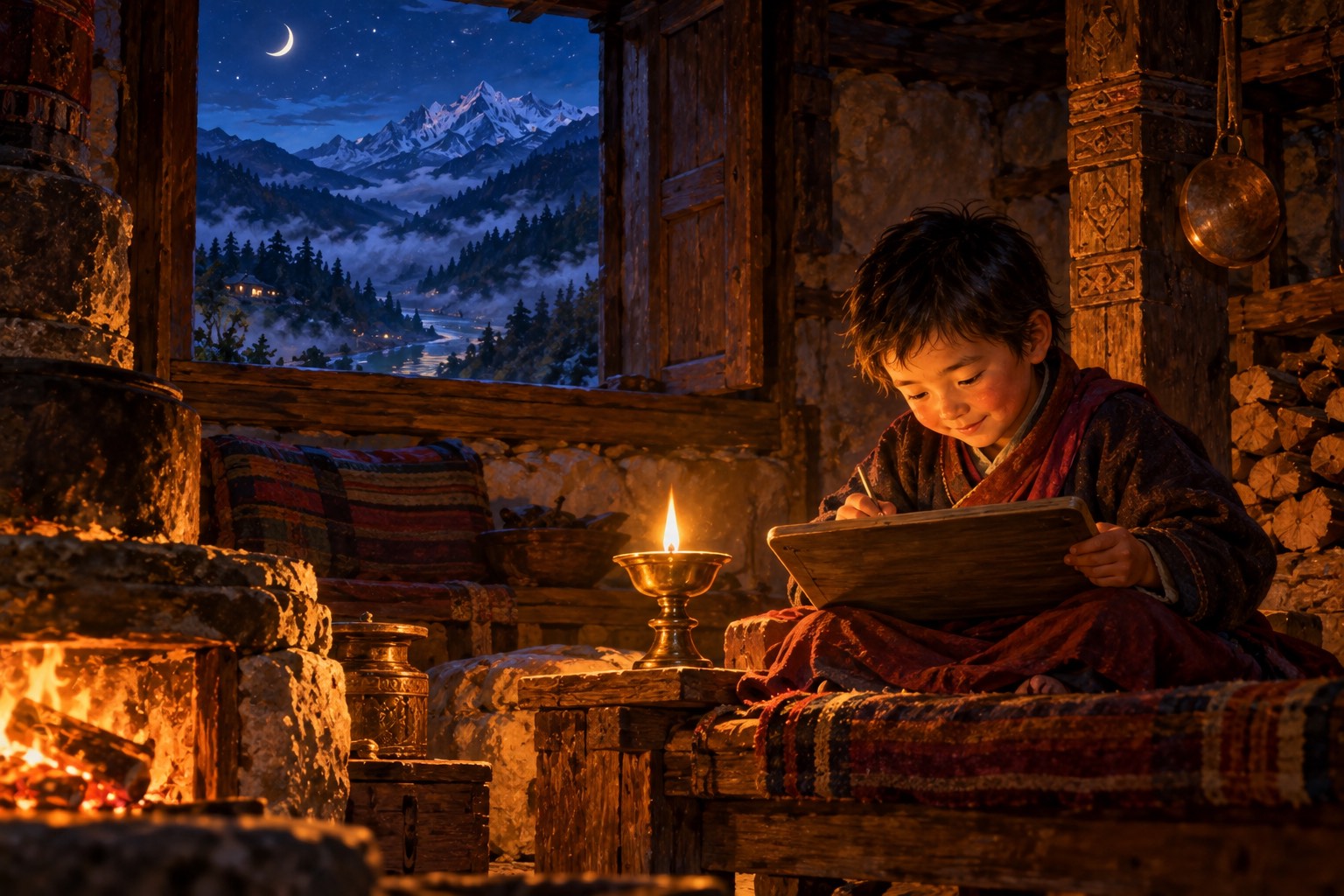 A small boy in a dark robe sits by a single butter lamp in a timber house at night, bent over a wooden writing board.