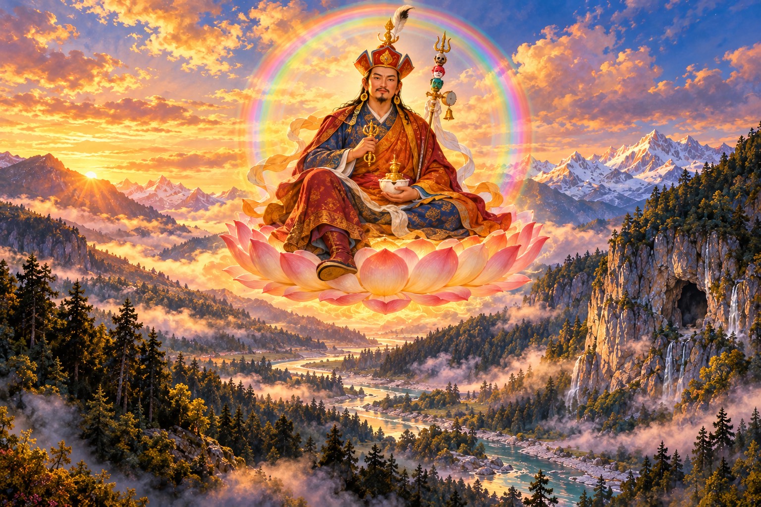 Guru Rinpoche, in lotus hat and robes, sits on a lotus within a rainbow sphere above a crystalline cliff and misty forested valleys.