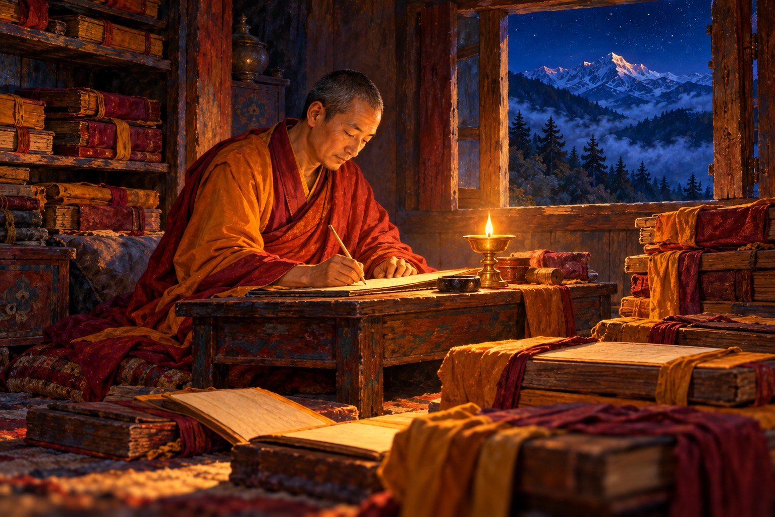 By lamplight, a monk in red and orange robes writes at a low table surrounded by stacks of cloth-wrapped Tibetan books.