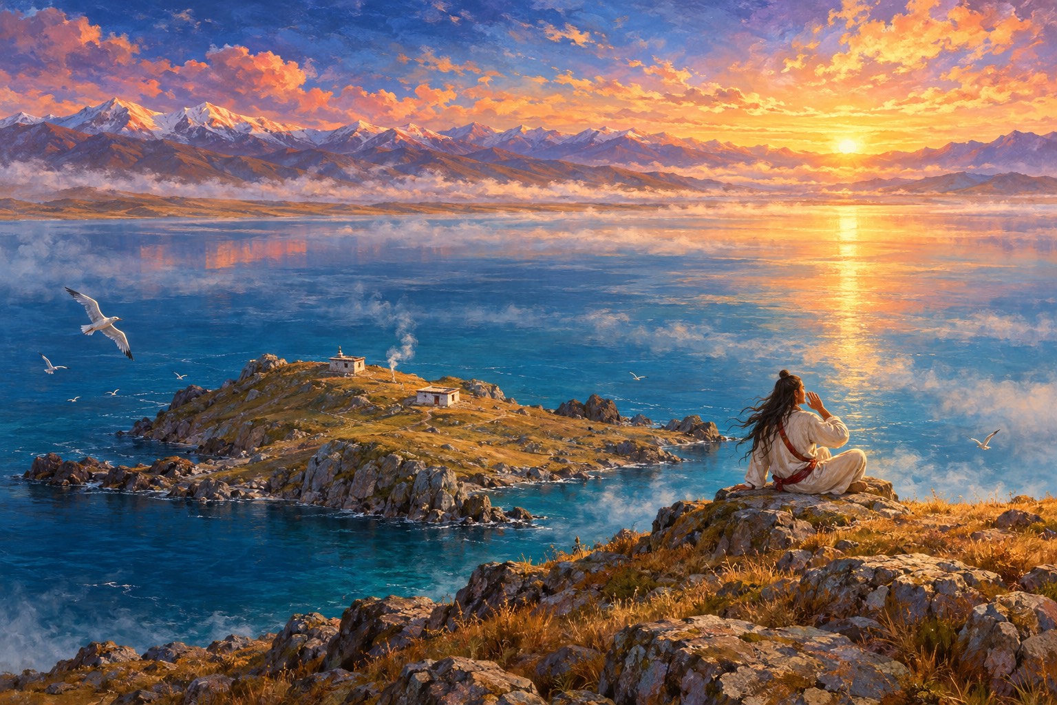 A vast turquoise lake at dawn with distant mountains glowing pink. On a small rocky island in the foreground, a long-haired yogi in white robes sits on a rock facing the sunrise, one hand cupped to his ear as he sings.