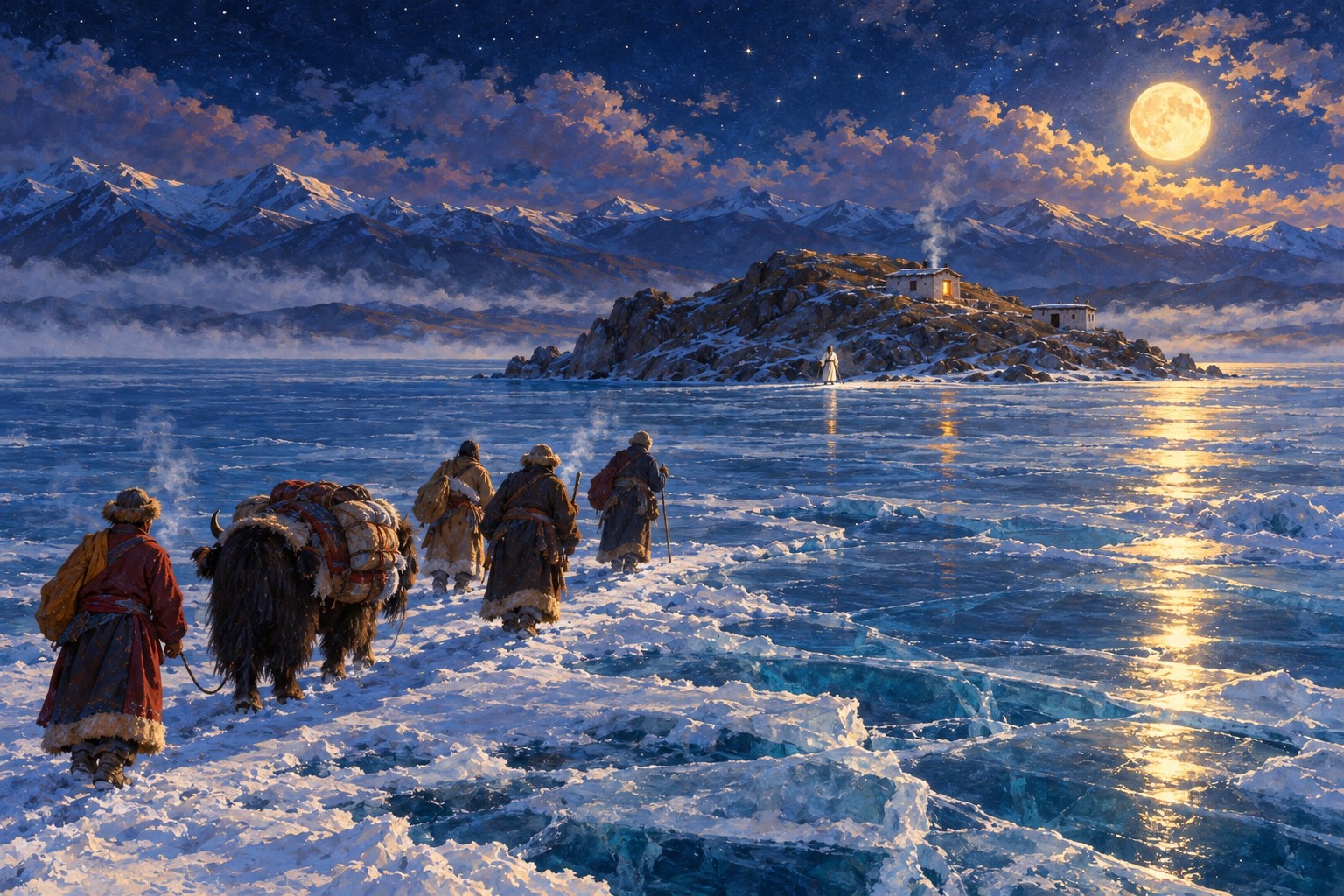 Under a full moon, a small line of pilgrims in sheepskin robes and fur hats, one leading a yak, walks across a frozen lake toward a dark island, where one tiny window glows and a figure in white waits at the shore.