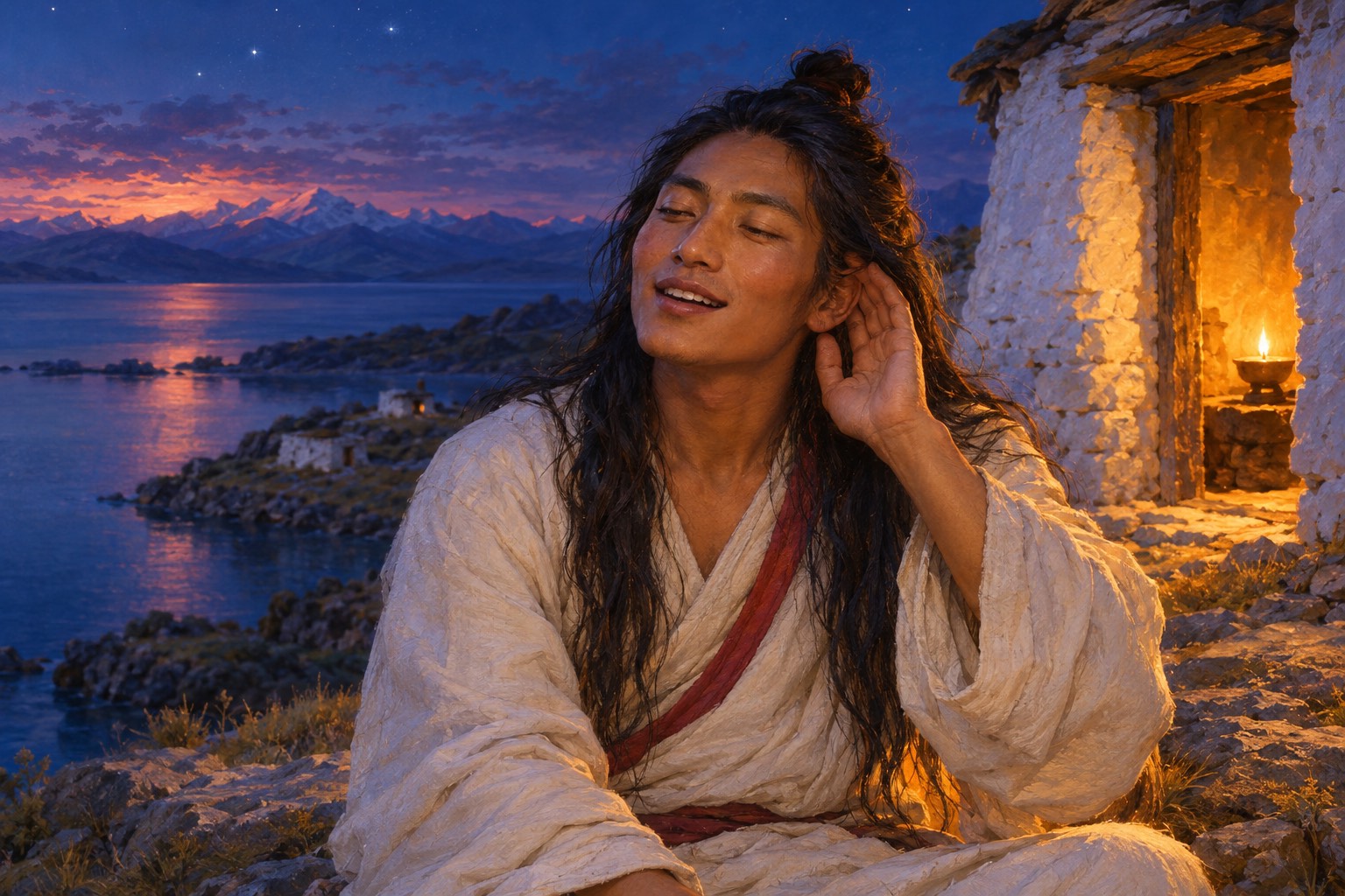 A close portrait of a long-haired yogi in white robes at dusk, his right hand cupped behind his ear as he sings with his eyes half-closed. Behind him a dark lake and a band of pink light over distant mountains.