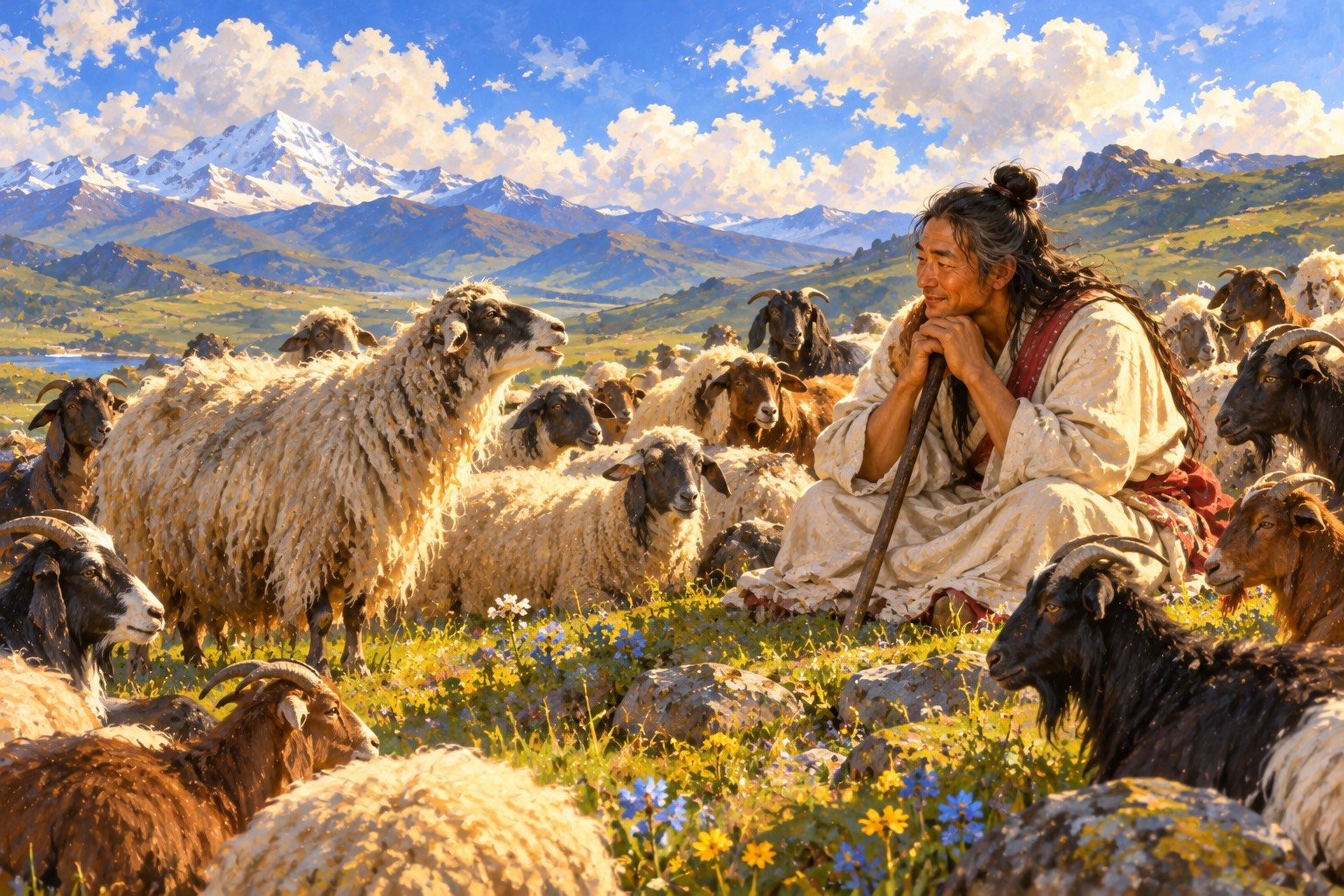 In a flowering mountain meadow, a long-haired yogi in white leans on his staff, listening with an amused face to an old shaggy ewe who stands before him at the head of a crowd of sheep and goats.