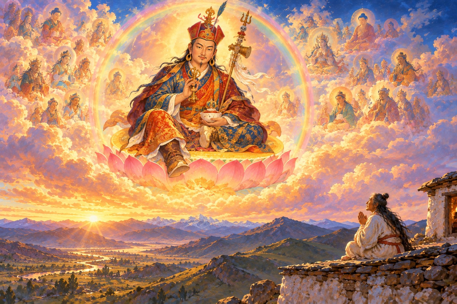 At dawn, Guru Rinpoche appears in the sky inside a rainbow sphere, seated on a lotus with a vajra at his heart, surrounded by faint luminous figures. Below, on the roof of a small hermitage, a long-haired yogi kneels with his palms joined, looking up.