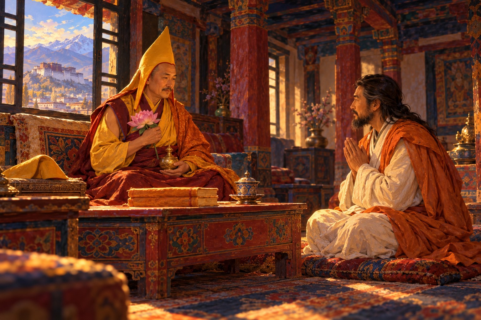 In a sunlit palace room, an older monk with a thin moustache, holding a lotus stem and a small golden vase, sits facing a younger bearded man in white robes and an orange cloak who listens with his palms joined.
