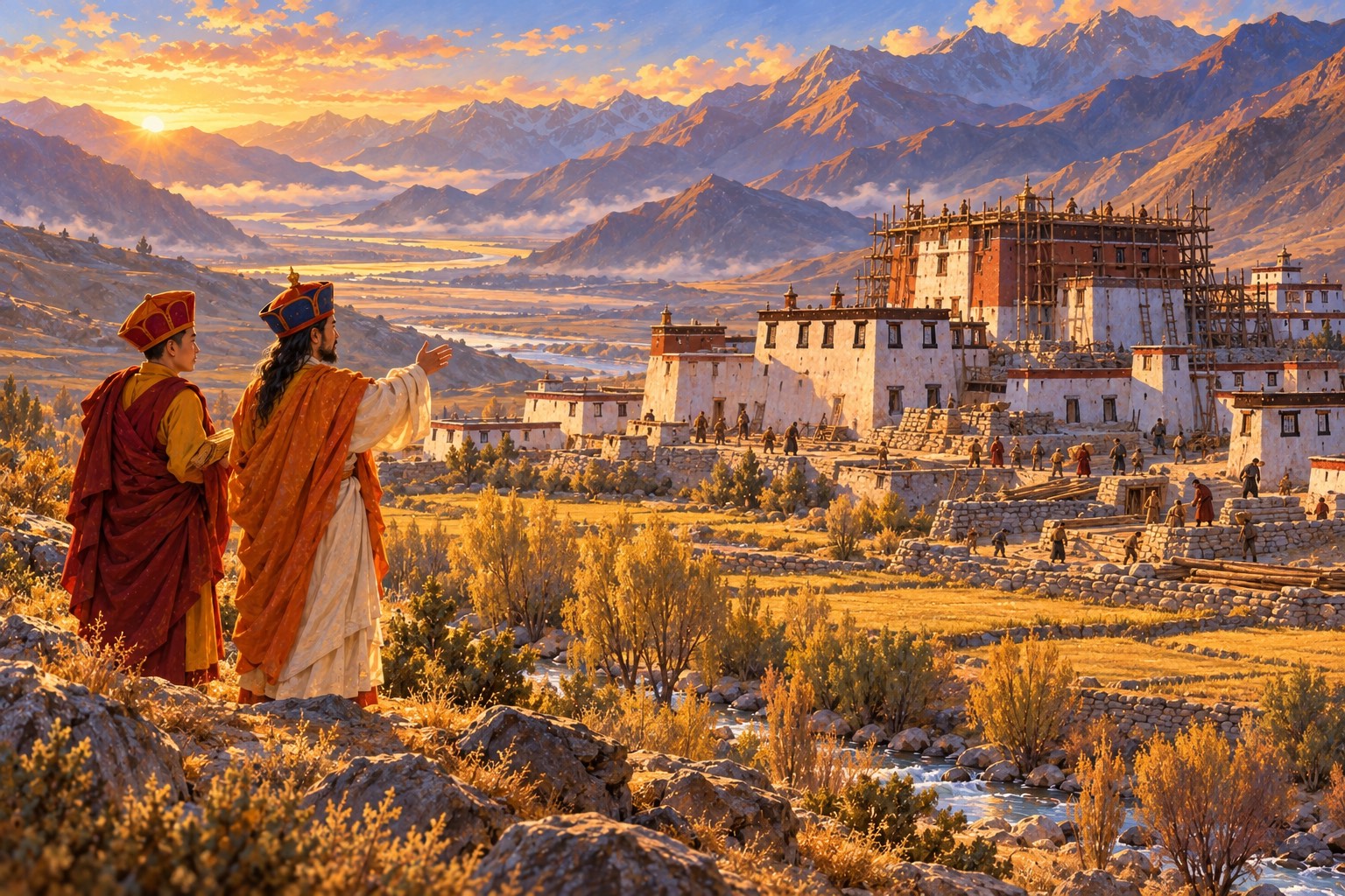 A golden-hour valley where the first whitewashed walls and wooden scaffolding of a monastery are going up. On a rise in the foreground two small figures, one in white robes and a blue hat and one in red monk's robes, look toward the building work.