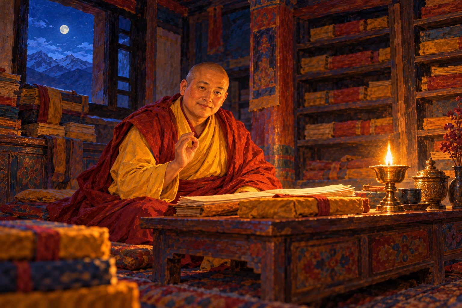 Close portrait by lamplight of a round-faced, clean-shaven monk with a shaven head, in deep red and golden-yellow robes, raising one hand in a teaching gesture, with shelves of wrapped books behind him.