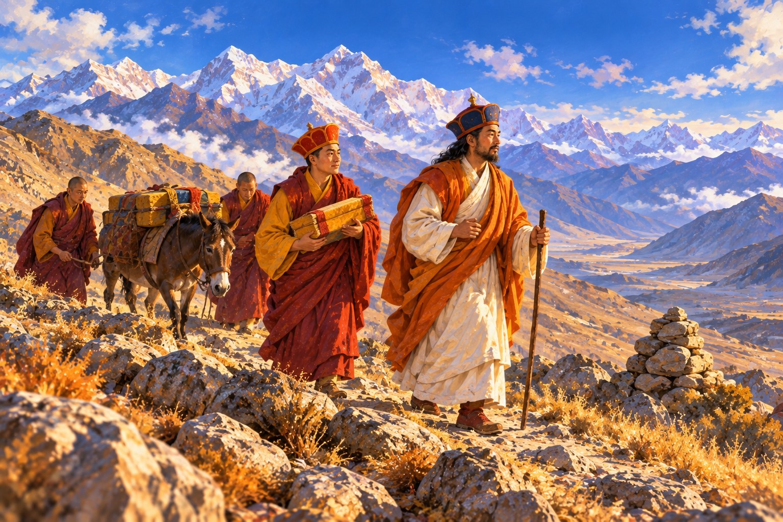Two masters, one in white robes and a blue hat and one in red monk's robes, walk over a high grassy pass with two monks and a mule carrying wrapped boxes of books, snow peaks behind them.