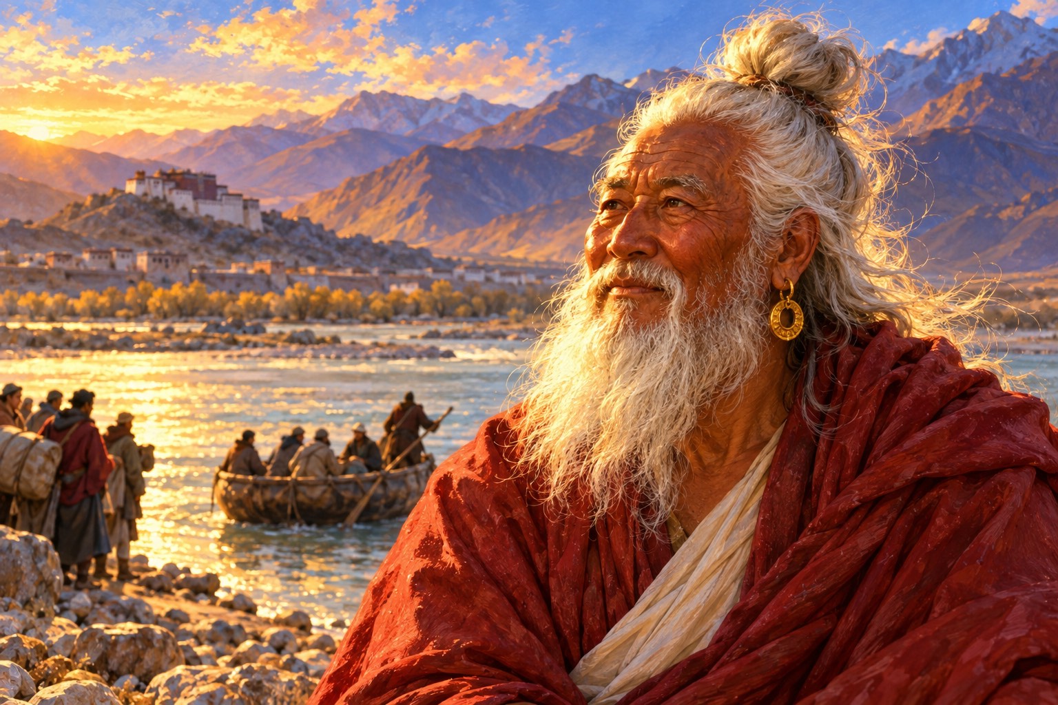 Close portrait of an old yogi with deep red-brown skin, a white topknot and long white beard, gazing across a river with quiet determination; behind him a hide boat pulls away while travellers wait on the bank.