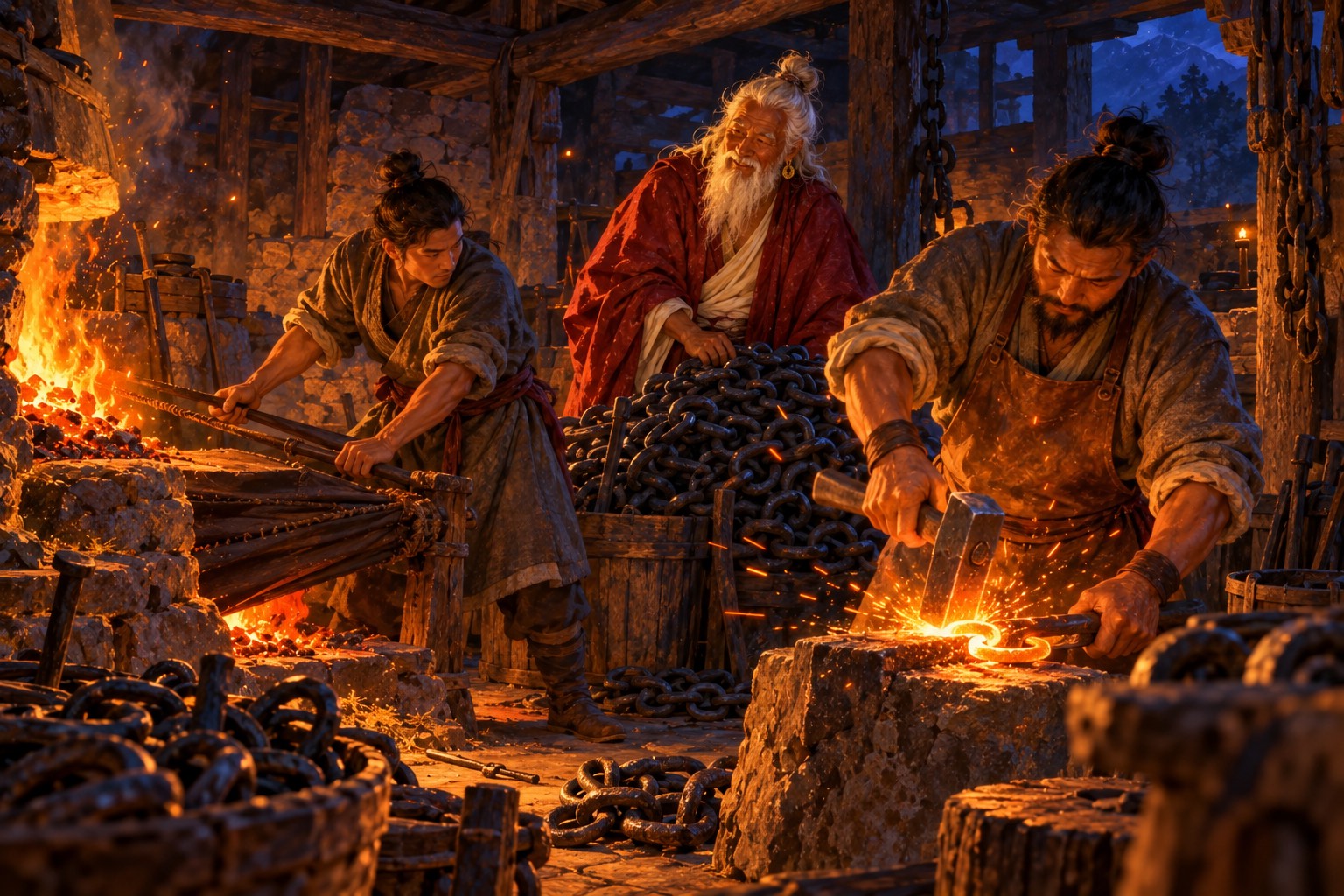 Inside a dark village forge, two blacksmiths work by the orange glow of a charcoal hearth, one pumping bellows and one hammering a glowing link, while an old white-bearded yogi in a red cloak watches beside a heap of iron chain.