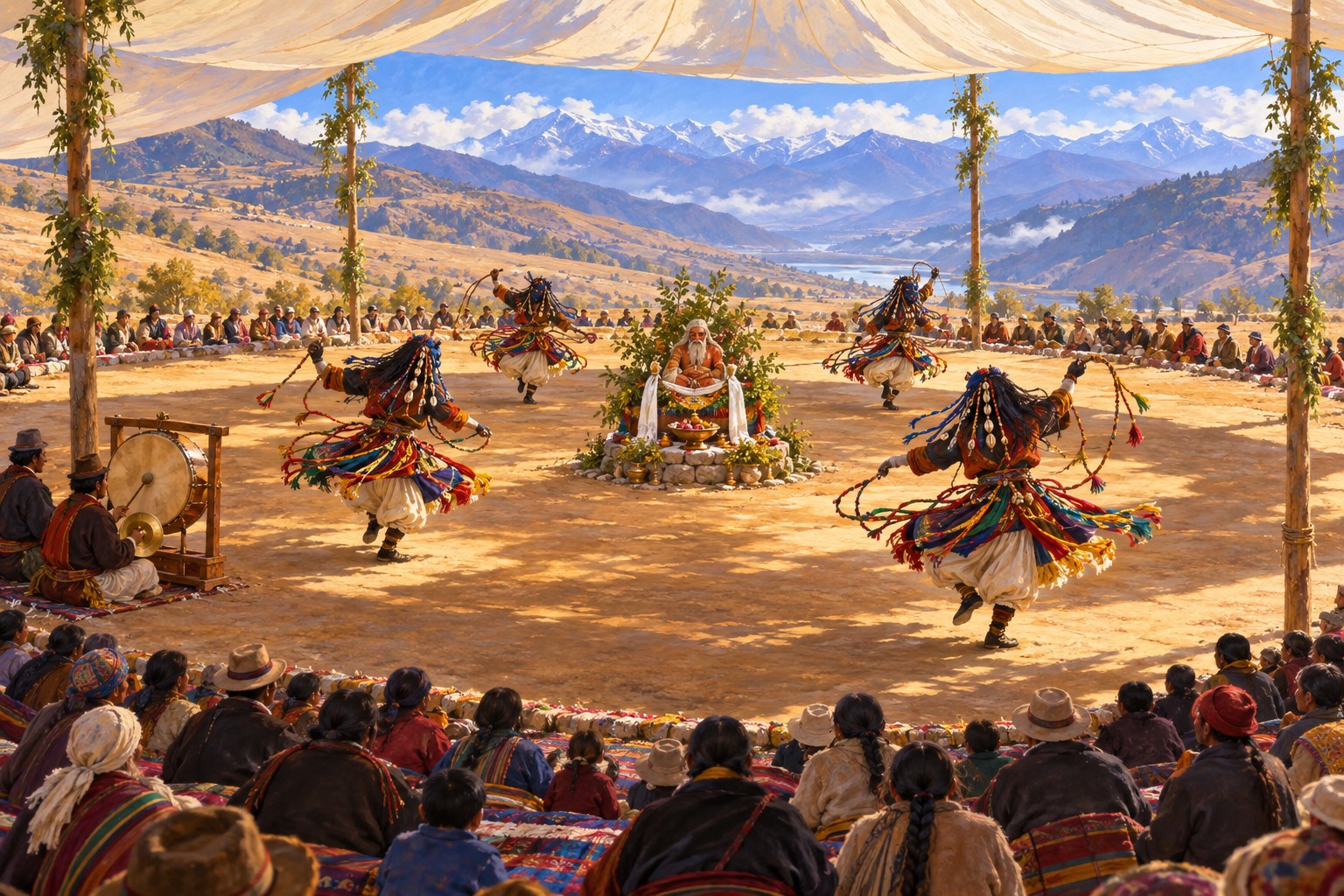 Seen from above, masked dancers in dark blue masks spin around a small altar holding a statue of a white-bearded yogi, under a large white canopy, while musicians play drum and cymbals and families watch from rugs.