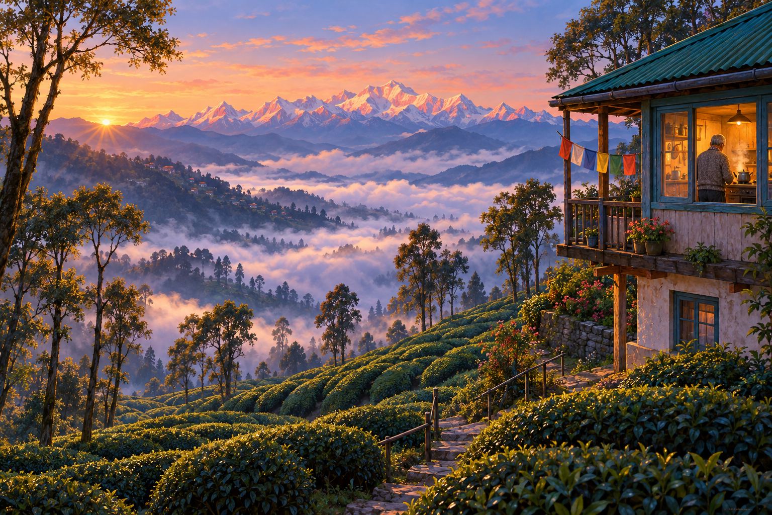 Dawn over steep tea-garden rows sloping into a valley full of mist, with snow peaks catching pink light far away. A small hill house with one lit window stands above the tea.