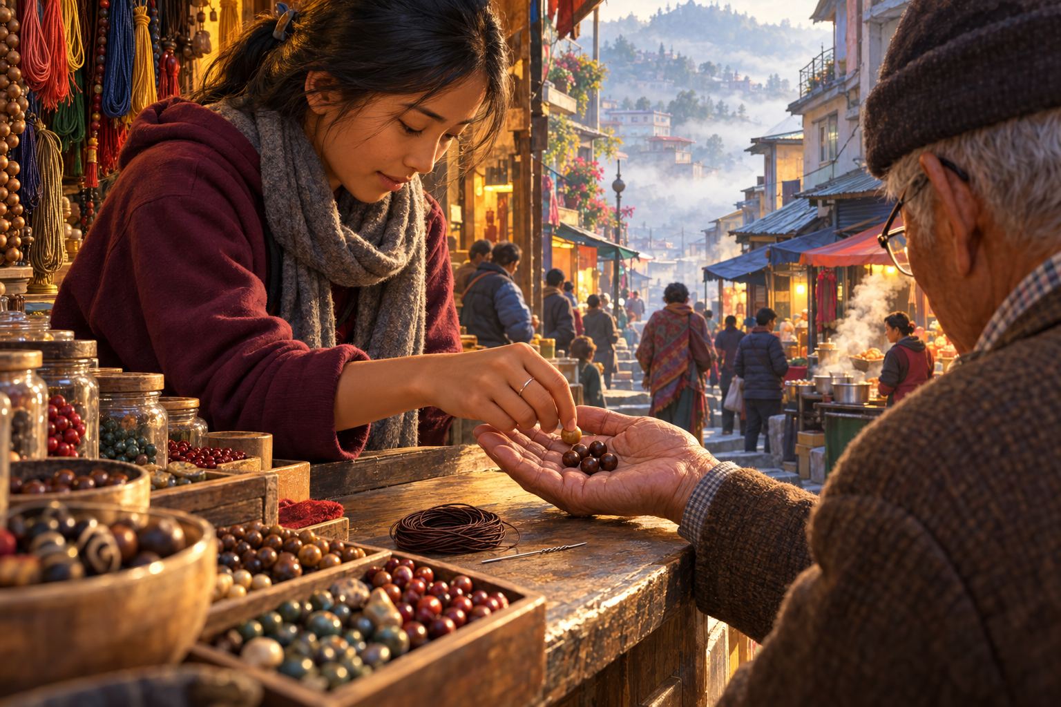 A young woman's hand placing a single paler wooden bead into an old man's palm, among darker beads, beside a coil of cord and a fine wire needle.