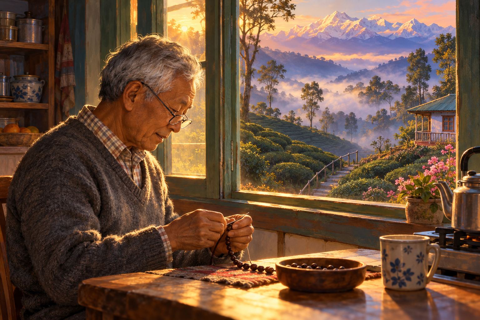 An old man in soft profile at a sunlit window, glasses low on his nose, murmuring as he threads dark wooden beads onto a cord.
