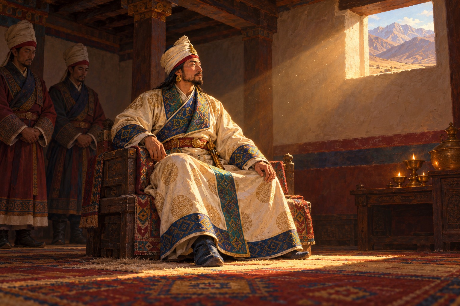 A young Tibetan king in layered royal robes sits on a low throne in a dim hall with dark wooden pillars, looking out of a small window at sunlit mountains, while two attendants in long robes and wrapped turbans wait in the shadows.