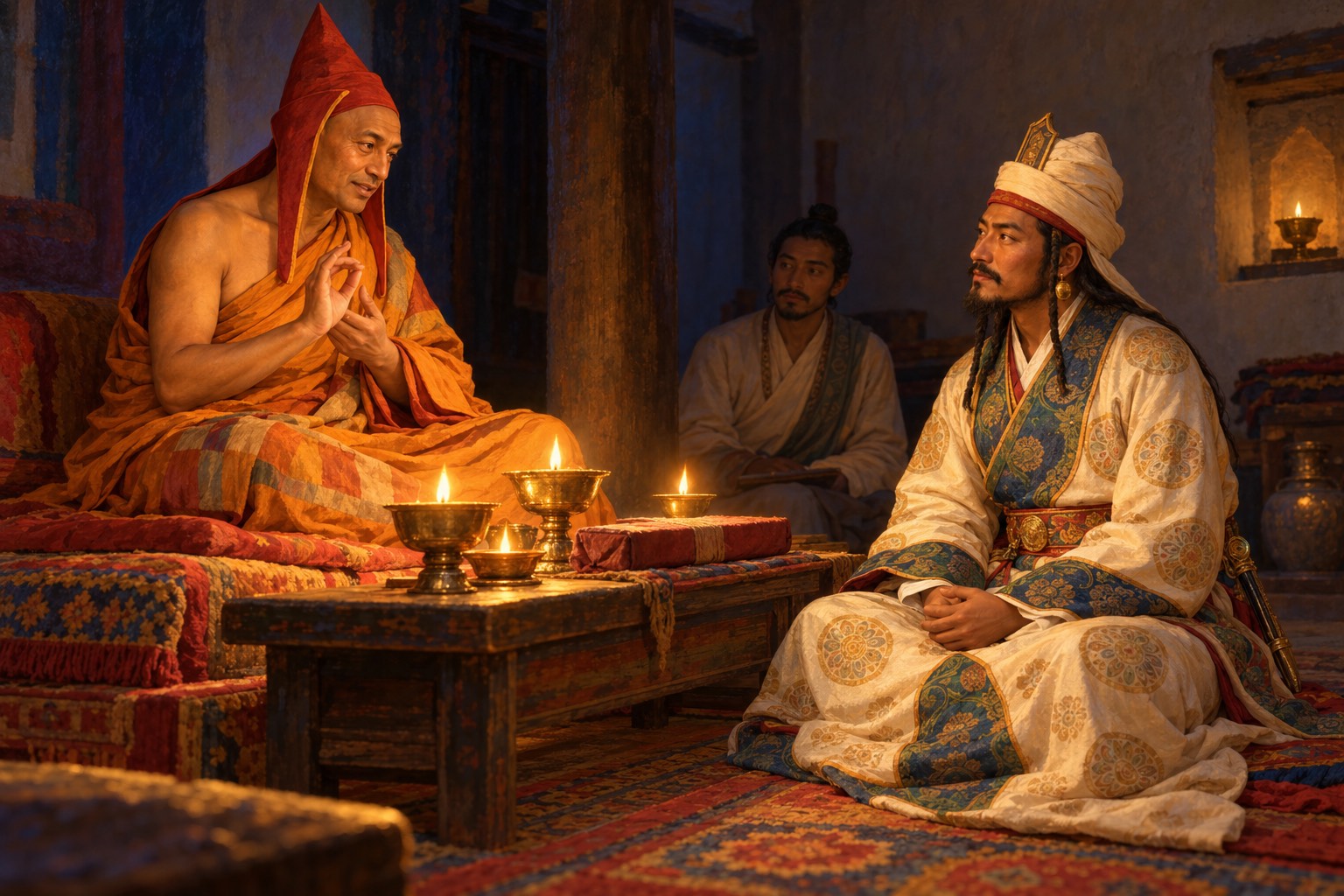 By the glow of butter lamps, an elderly monk in a red pointed hat sits on a raised cushion with his hands at his heart, teaching, while a Tibetan king in royal robes sits facing him and listens.