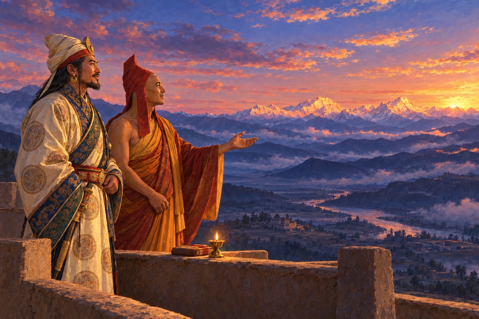 At dusk on a flat rooftop, an elderly monk in a red pointed hat gestures toward distant snow mountains glowing in the last light, while the Tibetan king stands beside him, listening.