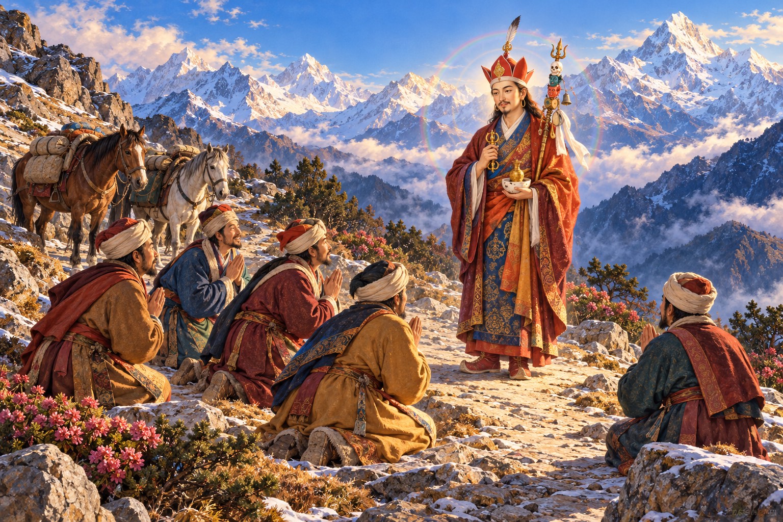 On a stony mountain pass beneath snow peaks, Guru Rinpoche stands in his lotus hat holding a vajra, with a staff resting in his arm, as a small group of Tibetan envoys in long robes and turbans bow before him.