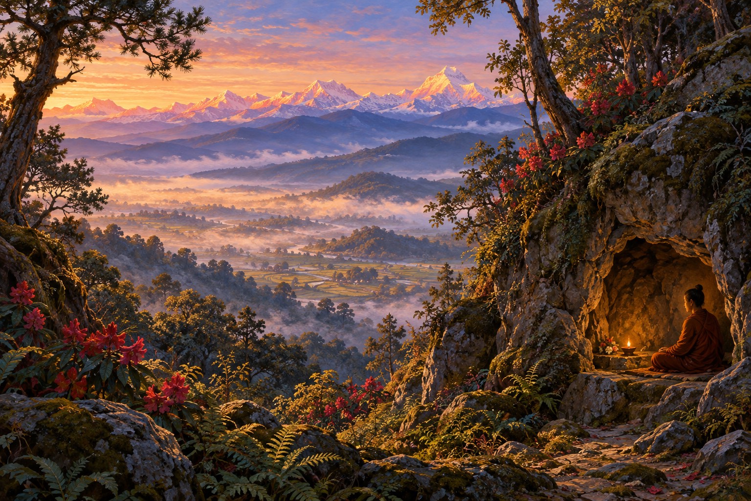 A forested hillside at dawn, mist lying over terraced fields below and snow mountains glowing pink far to the north. Low on the slope, a small cave mouth glows with lamplight among pines and red rhododendrons.