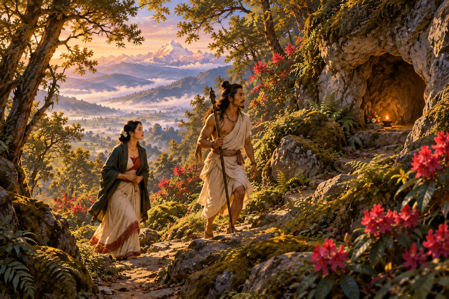 A lean yogi with long black hair and a slender staff walks up a forest path, followed by a young Nepali woman in a cream and red wrap with a green shawl, toward a low cave in the hillside.