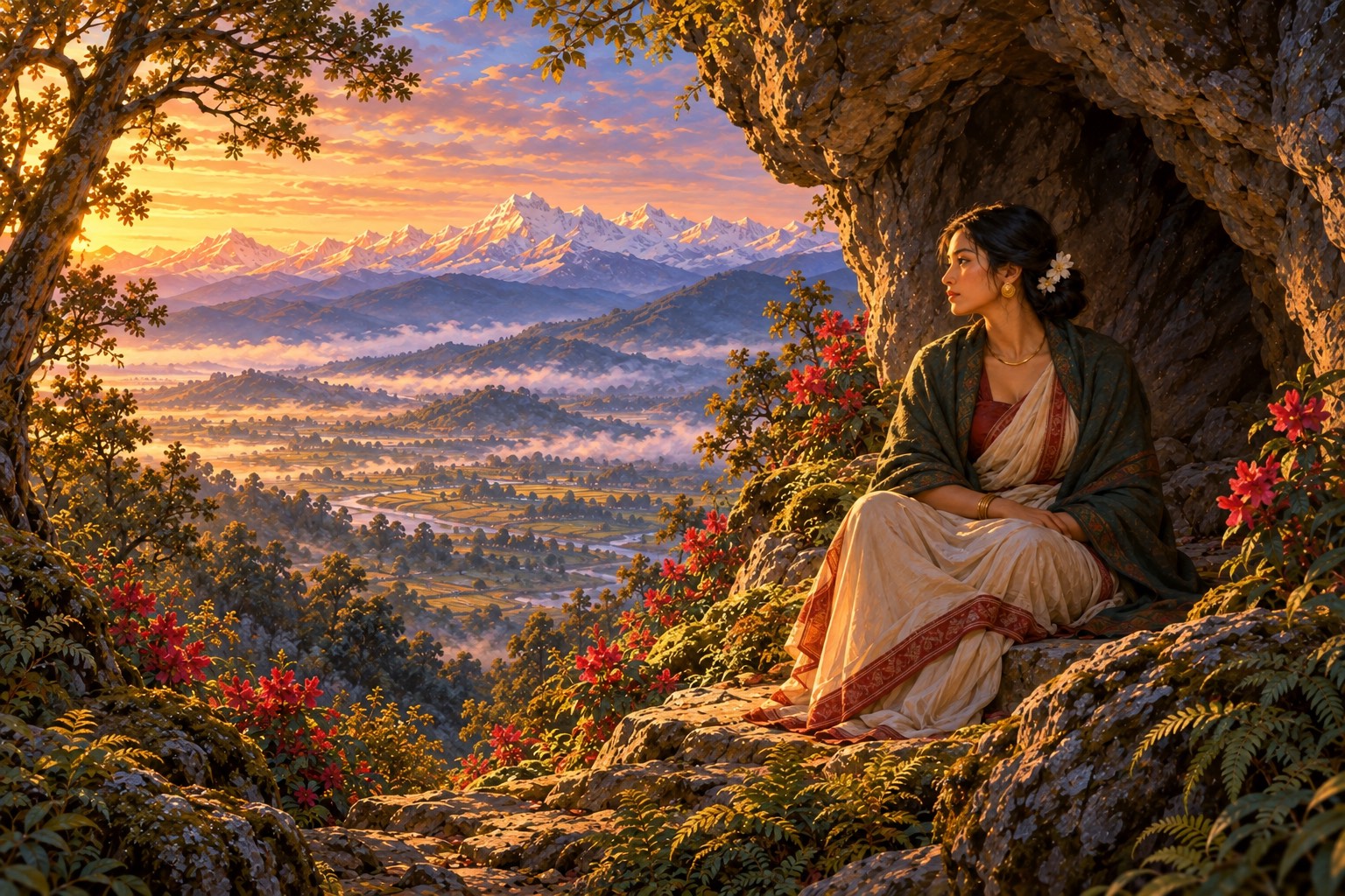 A young Nepali woman with warm light-brown skin, dark hair in a low knot with a few white flowers and round gold earrings, gazes calmly out from the shadowed mouth of a cave in late-afternoon light.