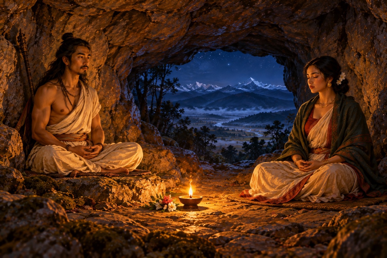 Inside a small rock cave at night, a single clay lamp burns between two meditators seated apart on low ledges: a lean yogi and a young woman, both still, with stars visible through the cave mouth.
