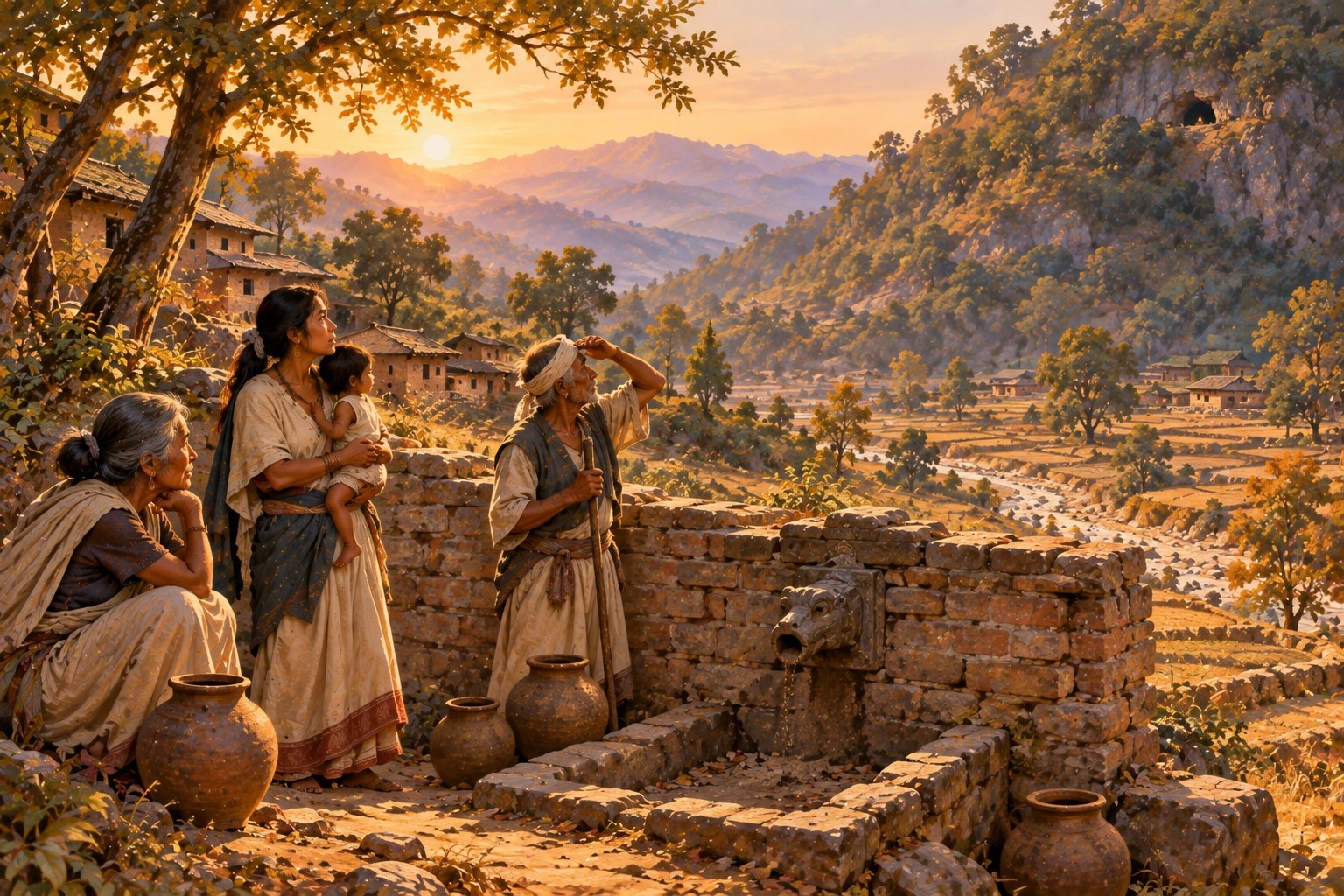 Villagers in simple cotton wraps stand at a dry stone spring with empty clay jars; an old farmer shades his eyes and looks up toward a distant cave on the hillside.