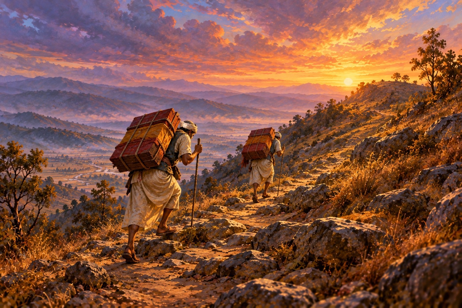 Two travellers with walking staffs climb a winding hill road at dusk, each bent under a large cloth-wrapped bundle of manuscripts carried on his back.