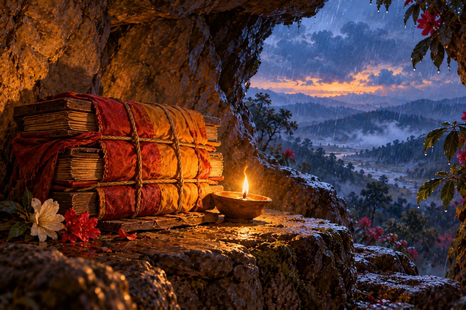 A cloth-wrapped stack of palm-leaf manuscripts between wooden boards rests on a stone ledge beside a small clay lamp; beyond the cave mouth, the first rain is falling.