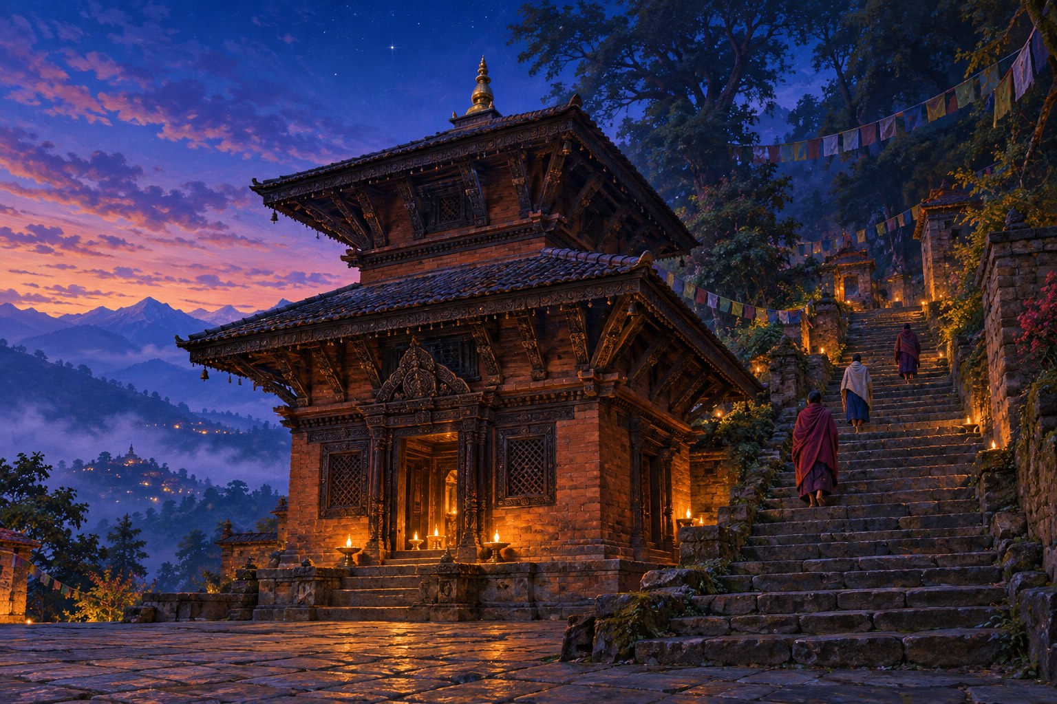 A two-roofed Newar temple of brick and carved dark wood at blue hour, lamps glowing in its doorway, beside a flight of stone steps climbing into the forest, with a few pilgrims climbing.