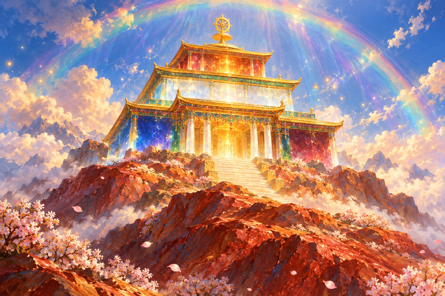 Looking up a copper-red slope, a three-storey palace of translucent jewelled light rises against the sky, its walls faintly crystal-white, blue and red, with gilded roofs, a glowing front porch and a rainbow canopy above.