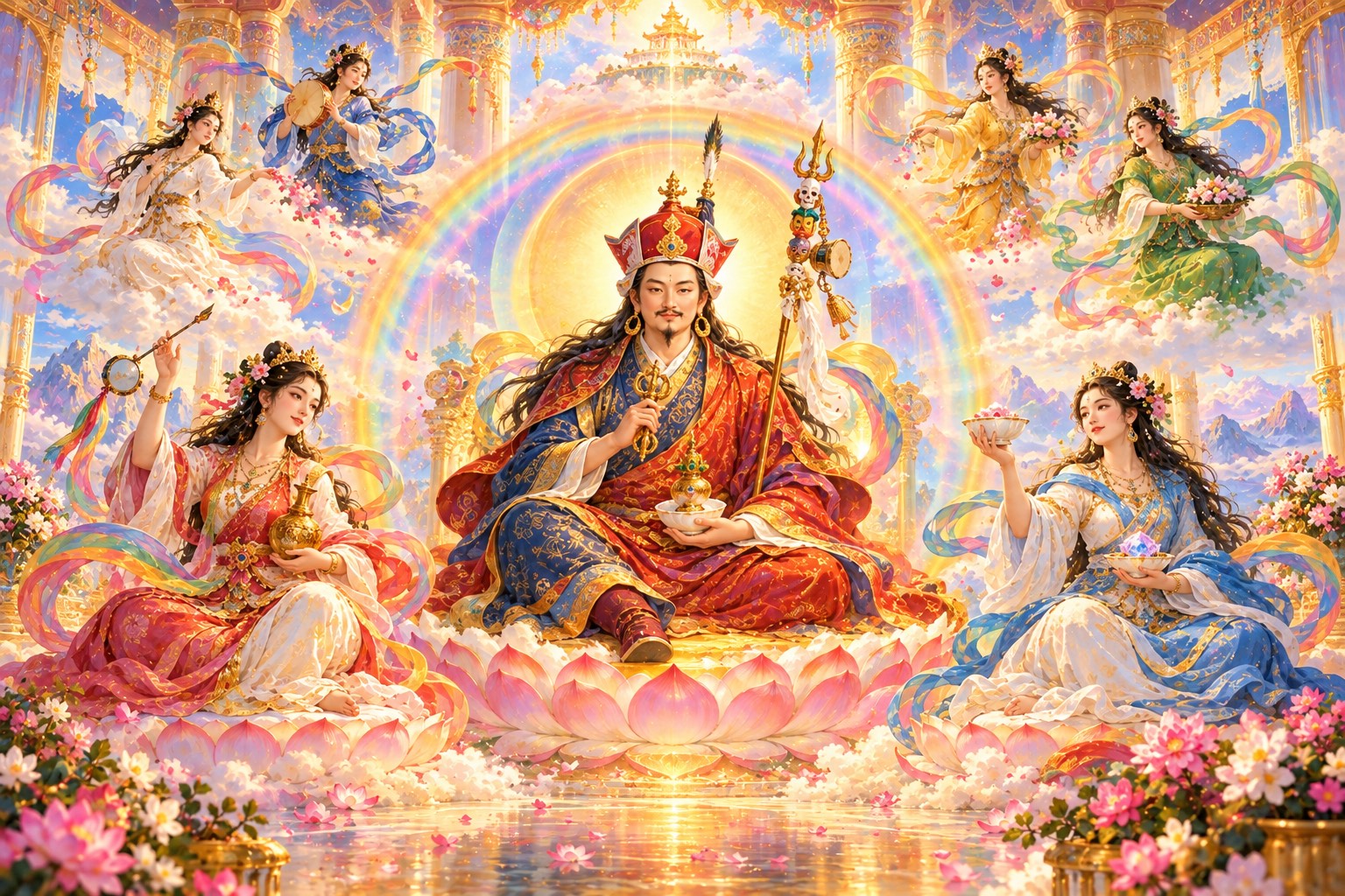 Inside a hall of translucent light, Guru Rinpoche in his lotus hat sits on a lotus within a rainbow sphere, holding a vajra and skull cup. Mandarava and Yeshe Tsogyal sit lower on either side, and small dakinis in five colours float around them.