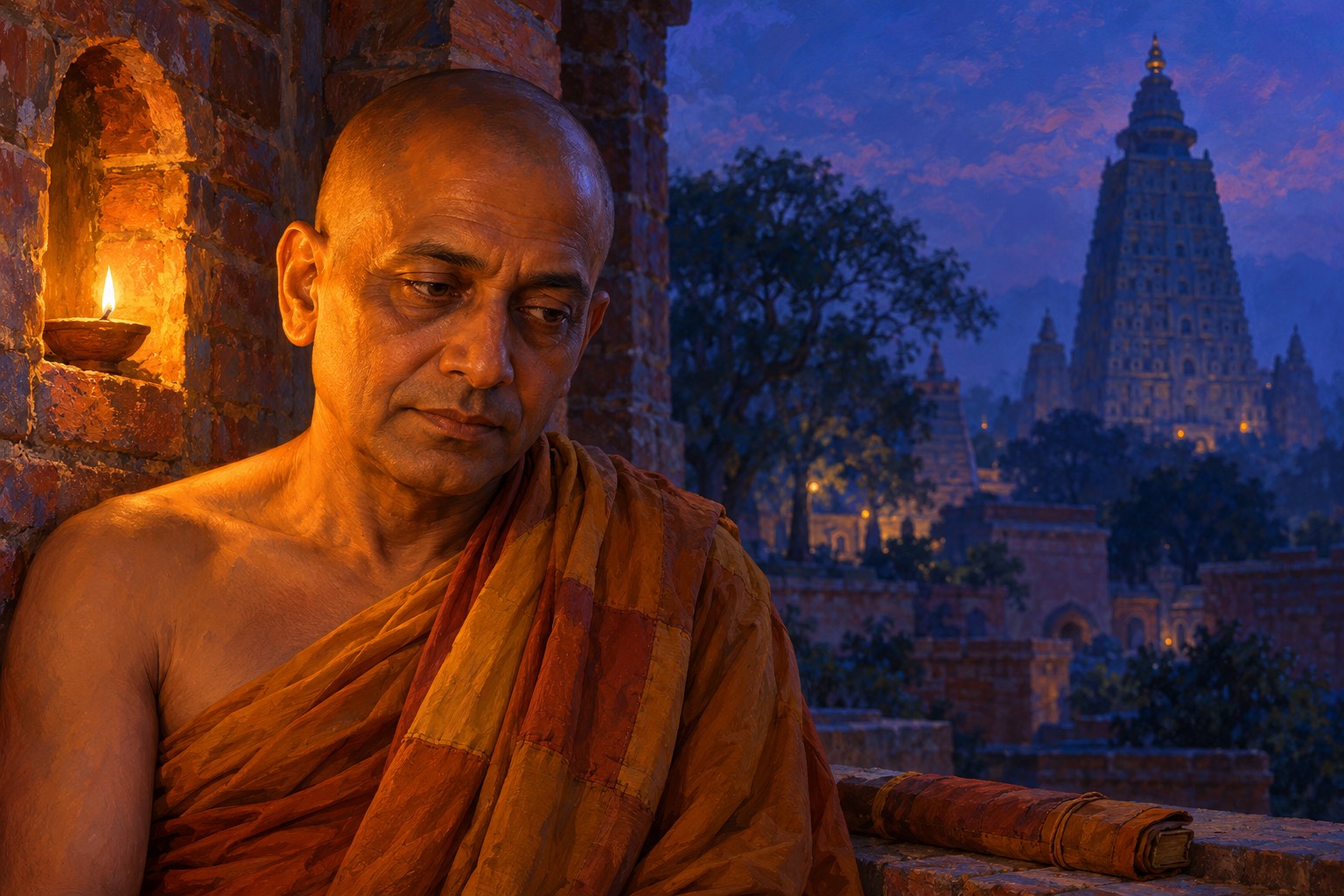 Close portrait of a tired, thoughtful Indian monk with a shaven head and ochre robe, sitting at dusk beside a small clay oil lamp in a wall niche, with a deep blue evening sky behind him.
