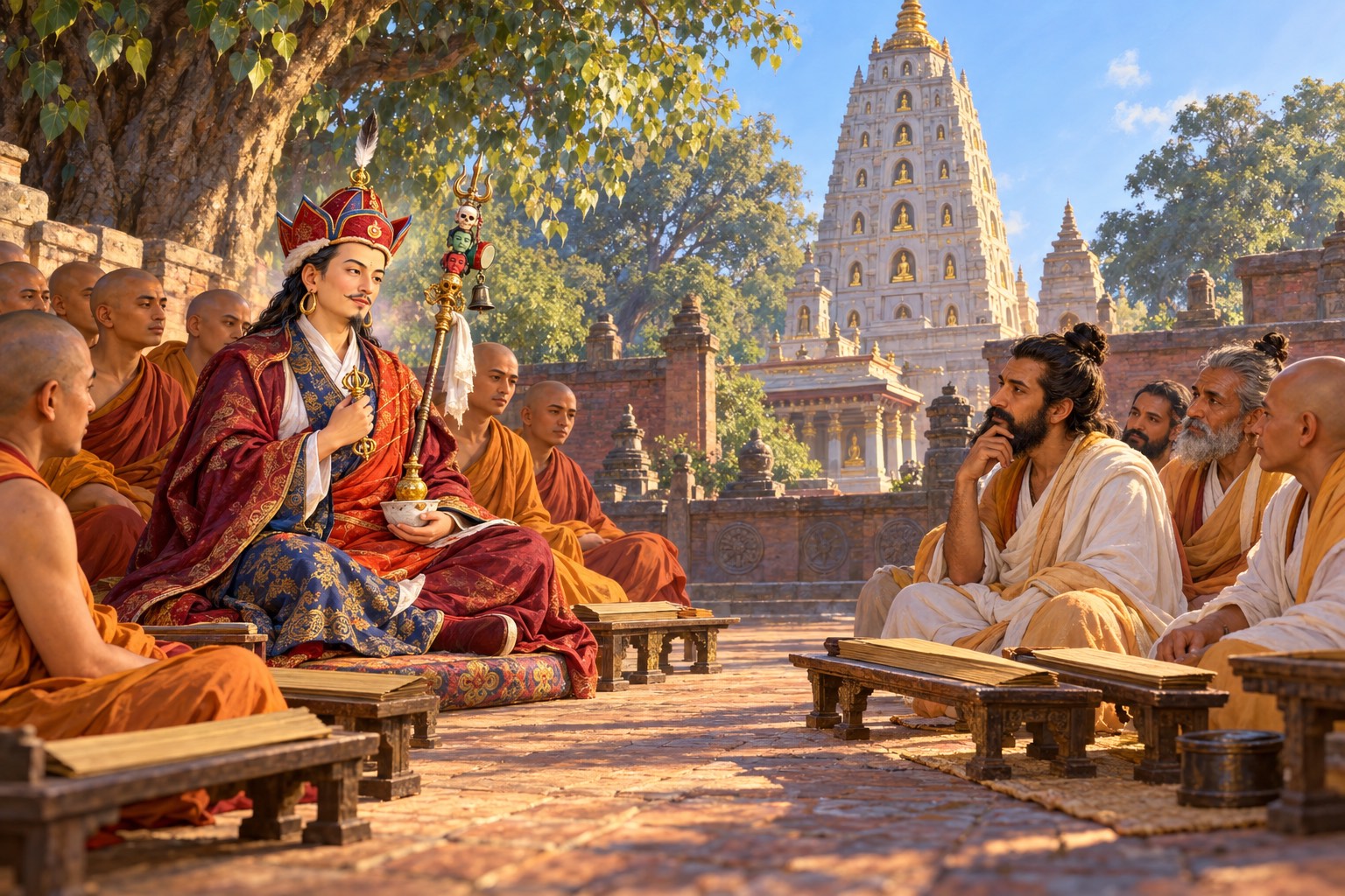Guru Rinpoche, in his lotus hat and layered robes, sits calmly at the head of a row of monks in a brick courtyard in morning light, facing attentive teachers of other traditions dressed in white and pale saffron cotton.