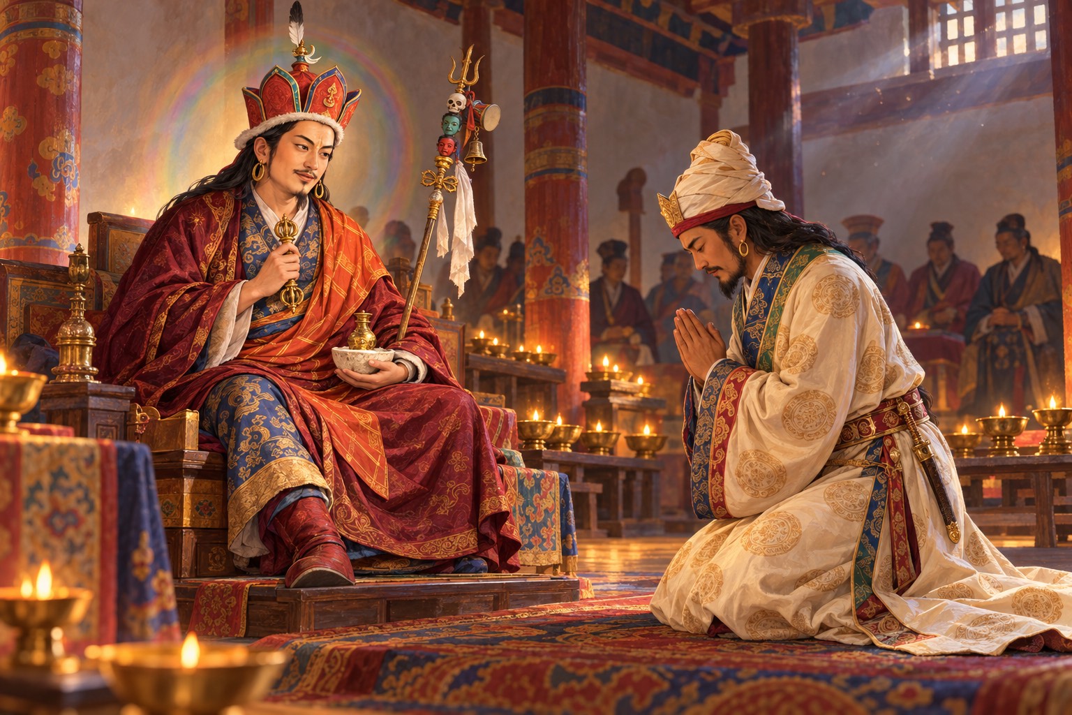 Inside a lamp-lit temple hall, Guru Rinpoche sits on a low throne speaking gently to King Trisong Detsen, who kneels before him with joined palms, with a few courtiers in the soft background.