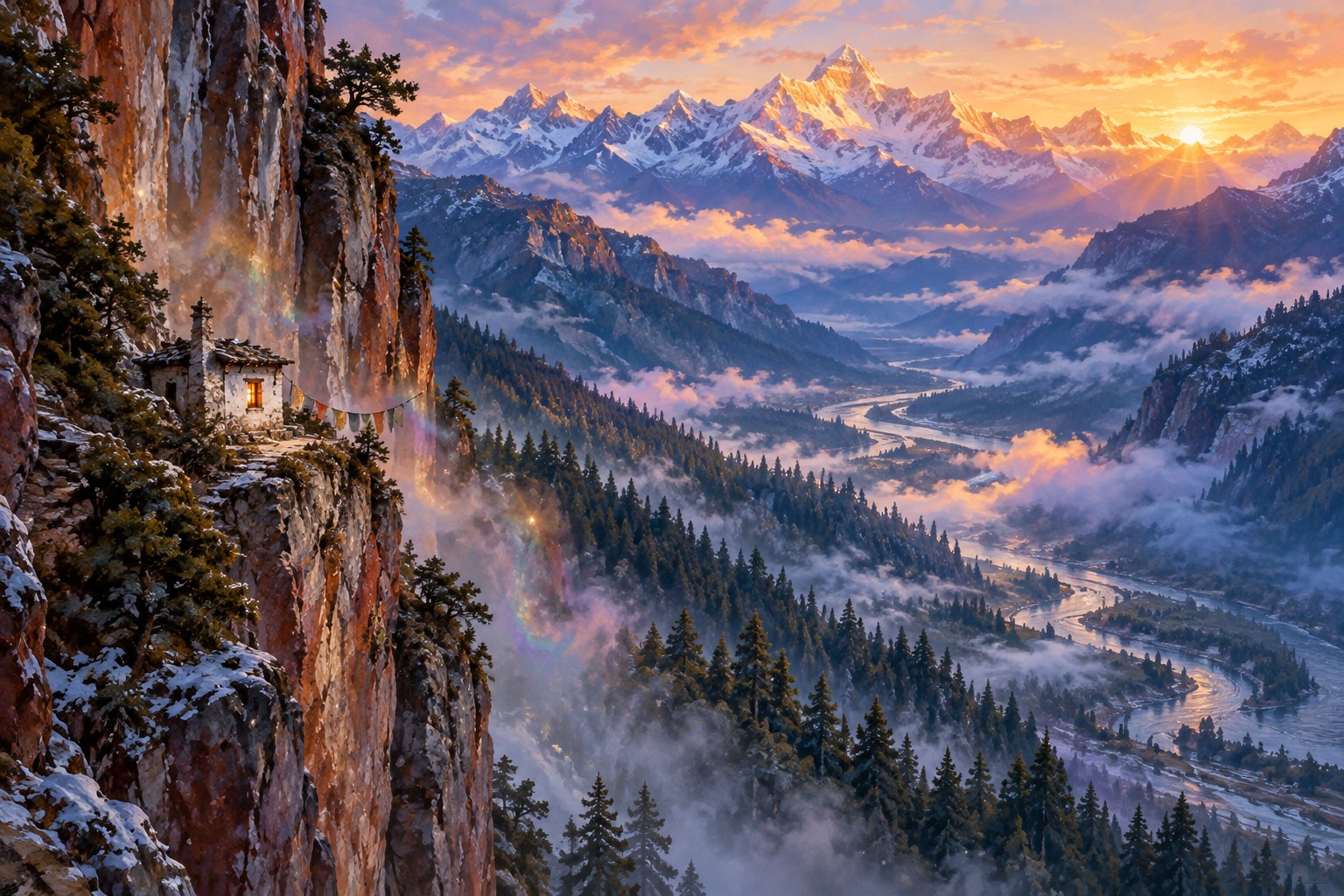 A wide dawn view of a deep forested valley in eastern Tibet. High on a sheer cliff, a tiny white hermitage with one lamp-lit window sits on a ledge, a faint rainbow shimmer in the air beside it, with snowy ridges beyond.