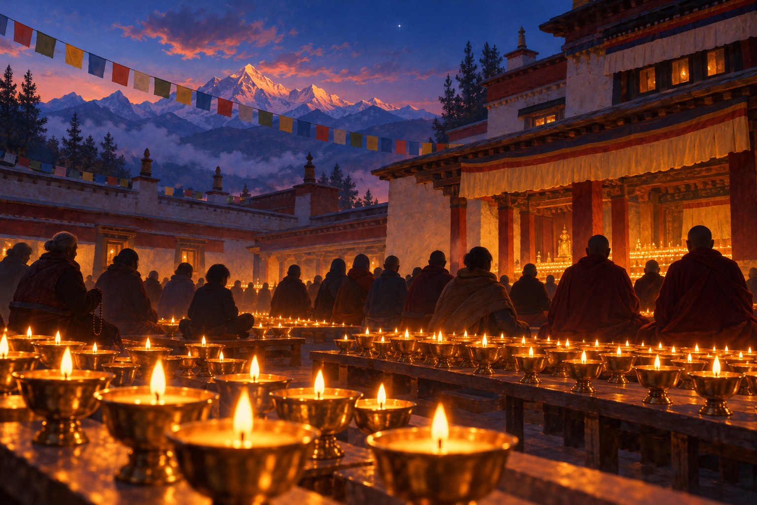 Rows of glowing butter lamps in a monastery courtyard at dusk, with a gathering of people shown as dark silhouettes behind them, monastics and lay people together, under a deep blue evening sky.