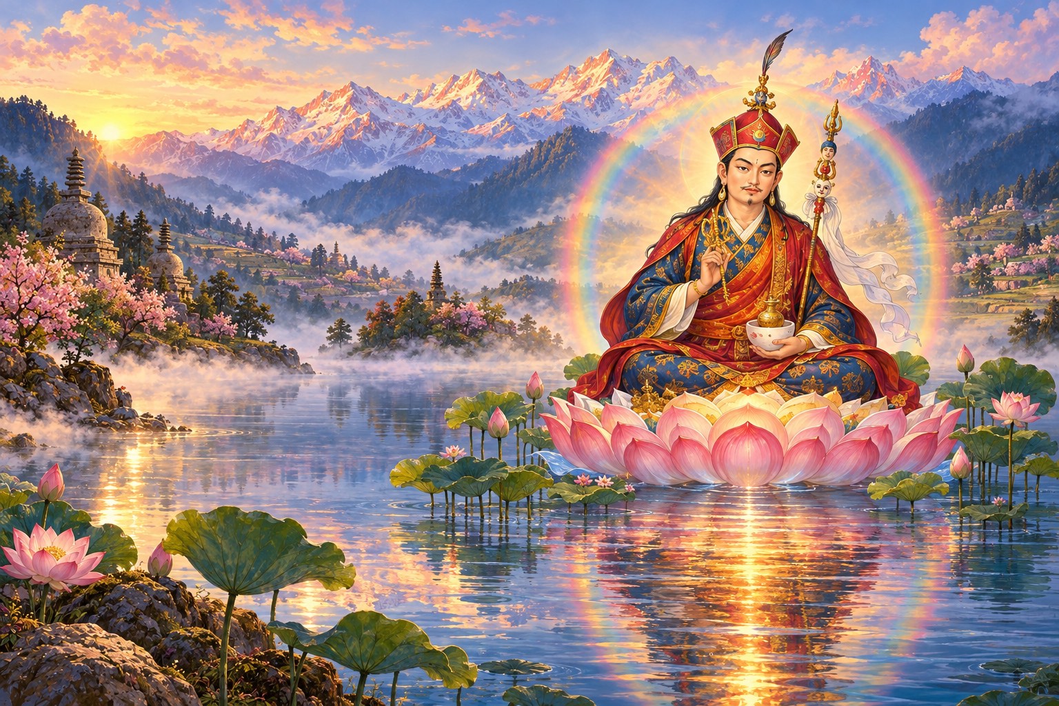 A calm master in a tall red lotus hat sits on a pink lotus rising from a still blue lake at dawn, holding a small golden scepter and a skull cup, with a staff in the crook of his arm. Mist, lotus leaves and distant snowy mountains surround him, and his reflection stretches across the water.