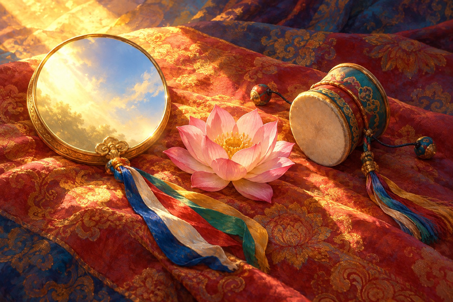 Seen from above, a round golden mirror with a silk streamer and a small double-sided hand drum lie on red and gold brocade beside a pink lotus, lit by a shaft of sunlight. The mirror reflects only clear light.