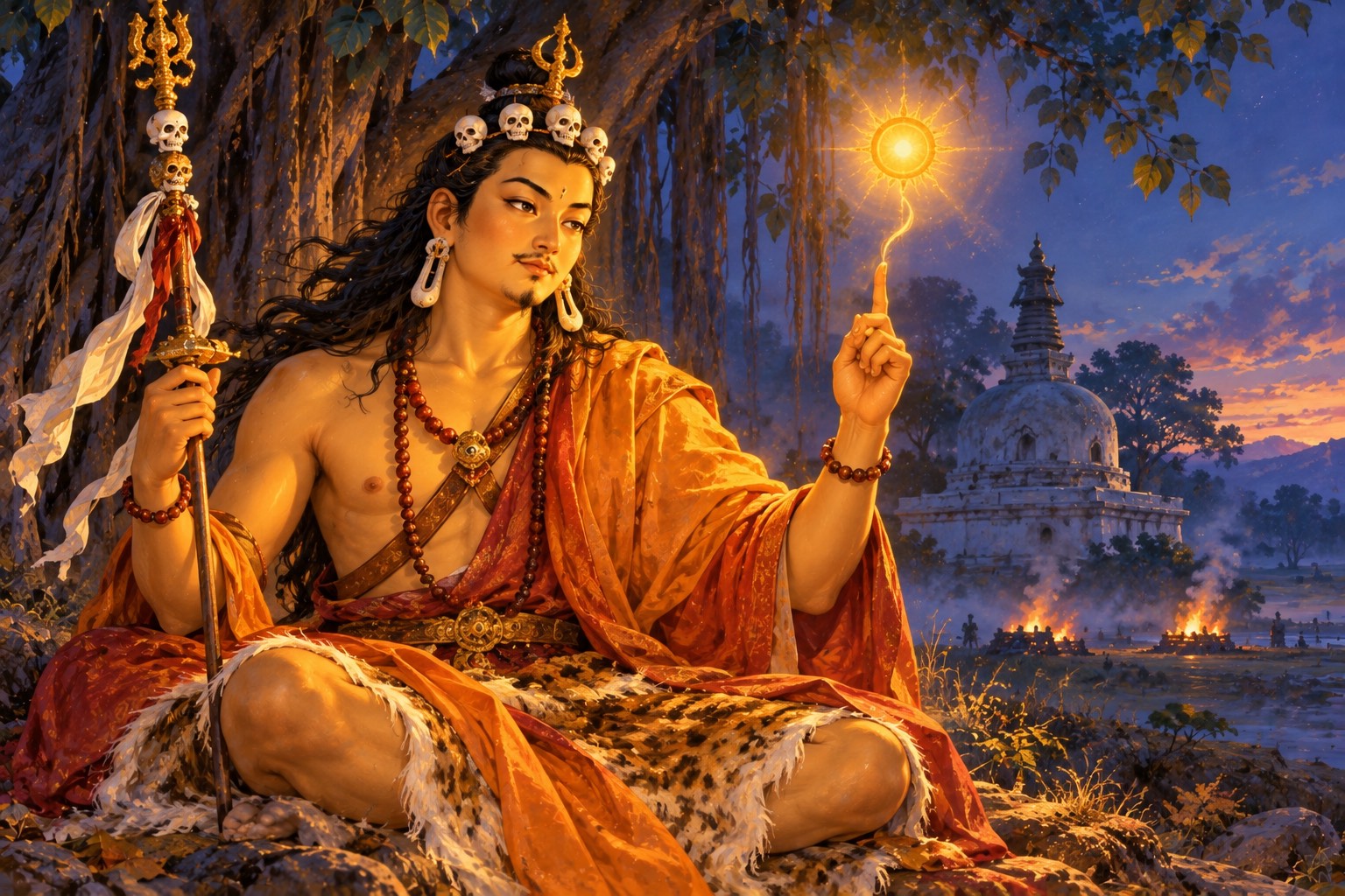 A close portrait of a lean golden-skinned yogi with long black hair and an orange shawl, seated in a darkening grove. He holds a staff in one hand and points upward with the other, and a thread of light from his fingertip holds a small glowing sun that lights his calm face.
