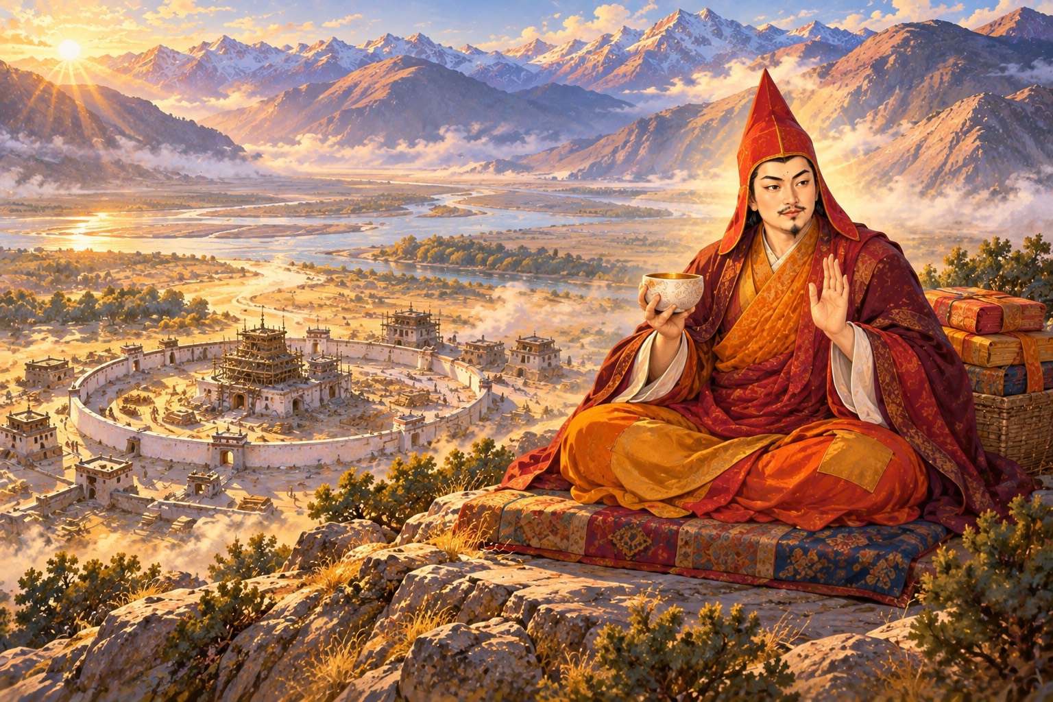 Seen from above, a scholar-monk in a tall red pointed hat sits on cushions on a rocky hilltop, a basket of books behind him, one hand raised palm outward. Far below, a circular white wall and unfinished buildings stand in a wide sandy valley beside a braided river.