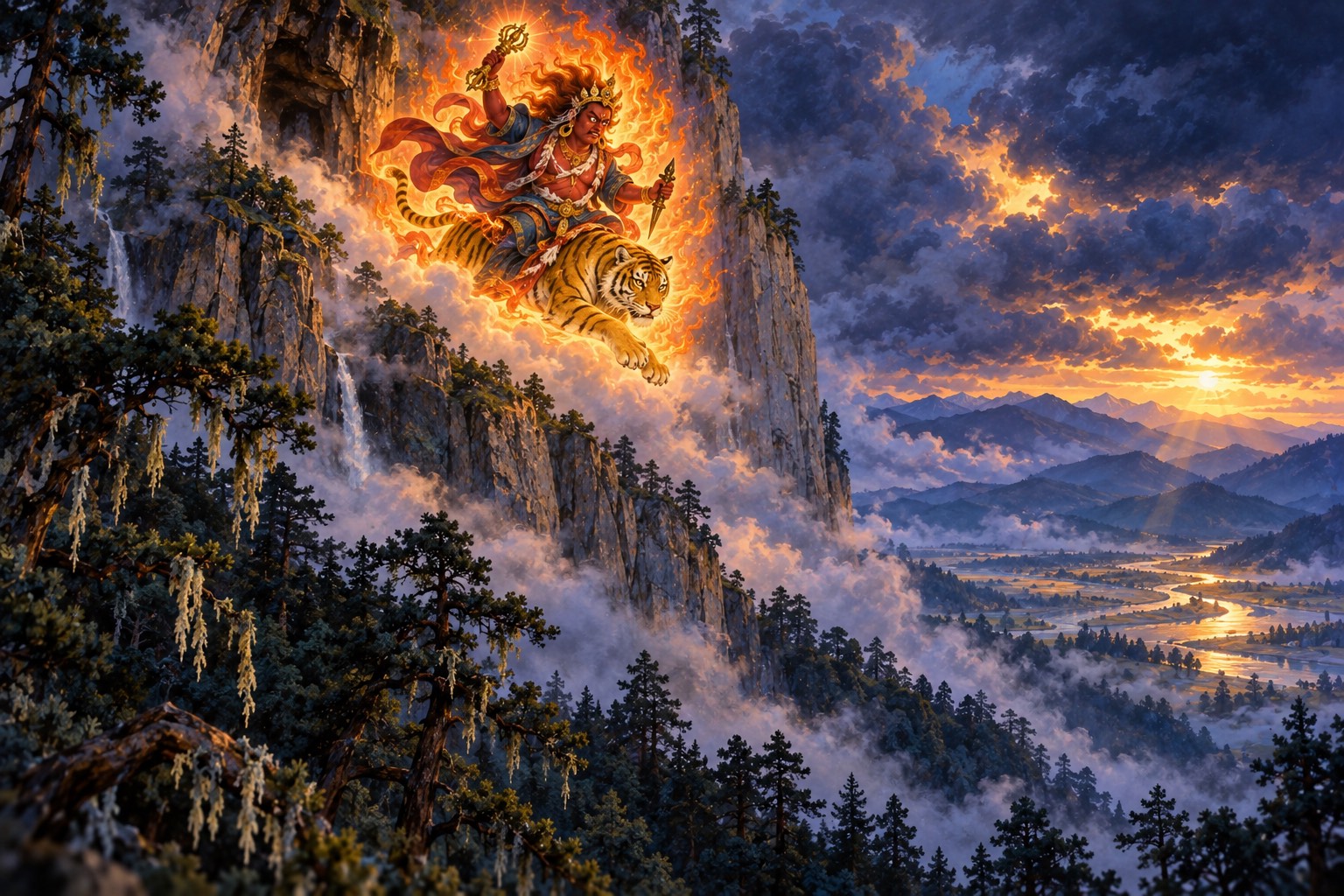 Looking up a towering granite cliff wrapped in storm cloud at dusk, a small maroon figure ringed in golden flame rides a flying tigress toward a dark cave mouth, a golden scepter raised. Dark pine trees frame the bottom of the picture.