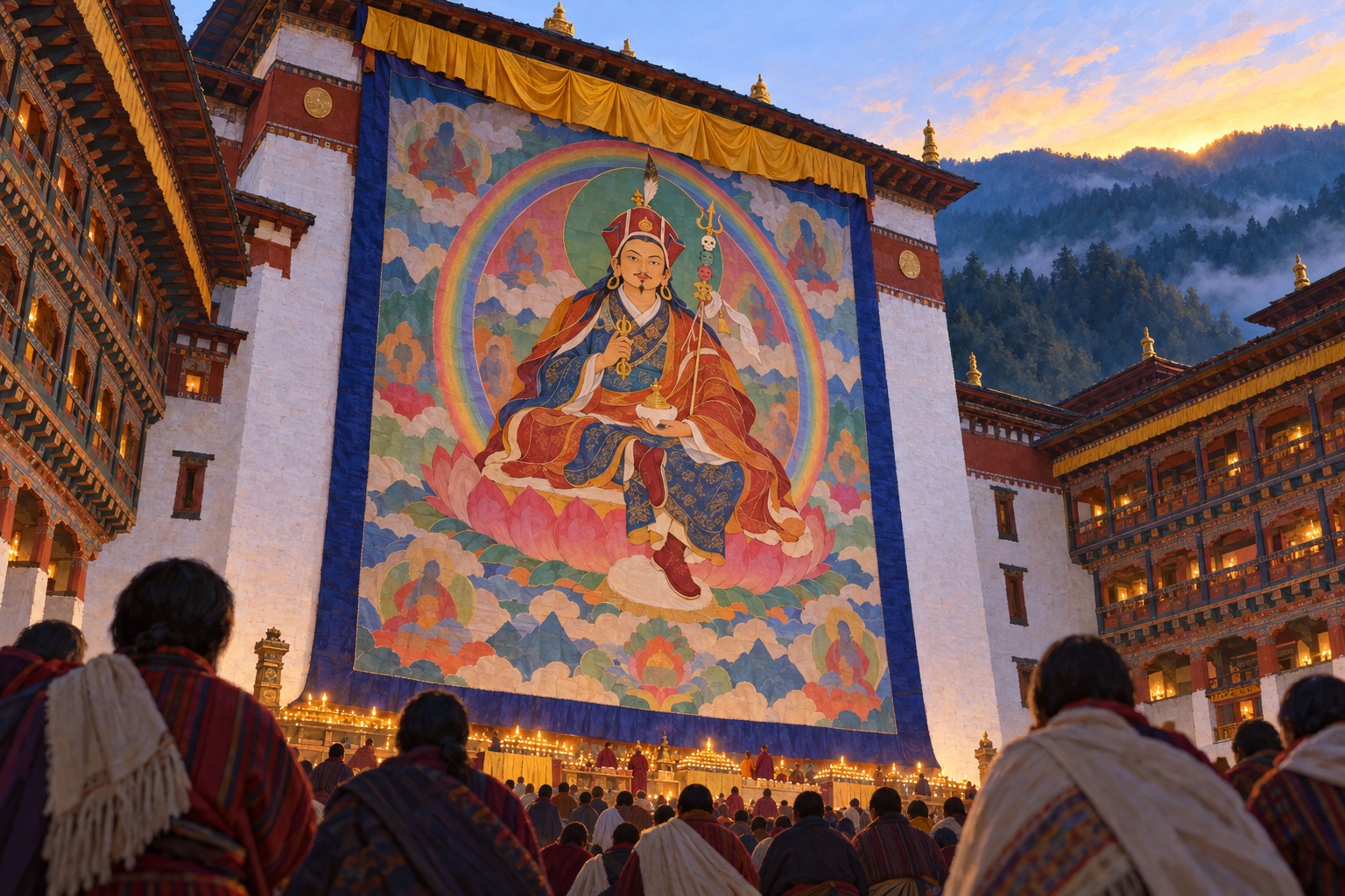 Seen from the back of a stone-paved fortress courtyard at dawn, an enormous silk banner hangs down a tall white wall. Stitched in coloured silk, Guru Rinpoche sits at its centre in a lotus hat inside a rainbow circle, while a crowd in shawls looks up and rows of small lamps glow below.