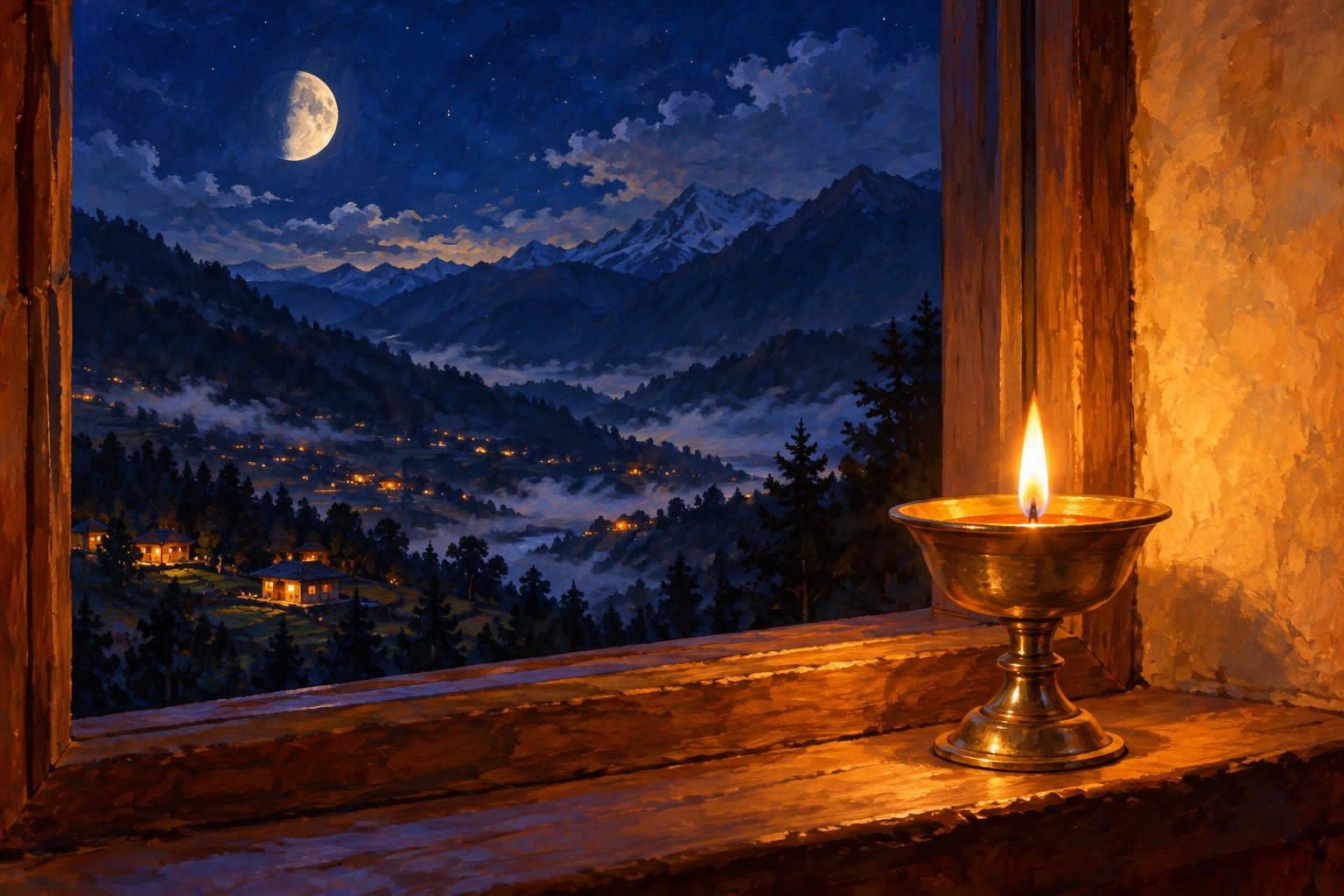 A single small brass butter lamp burns on a wooden windowsill at night. Through the window a moon a little more than half full shines over a dark mountain valley.