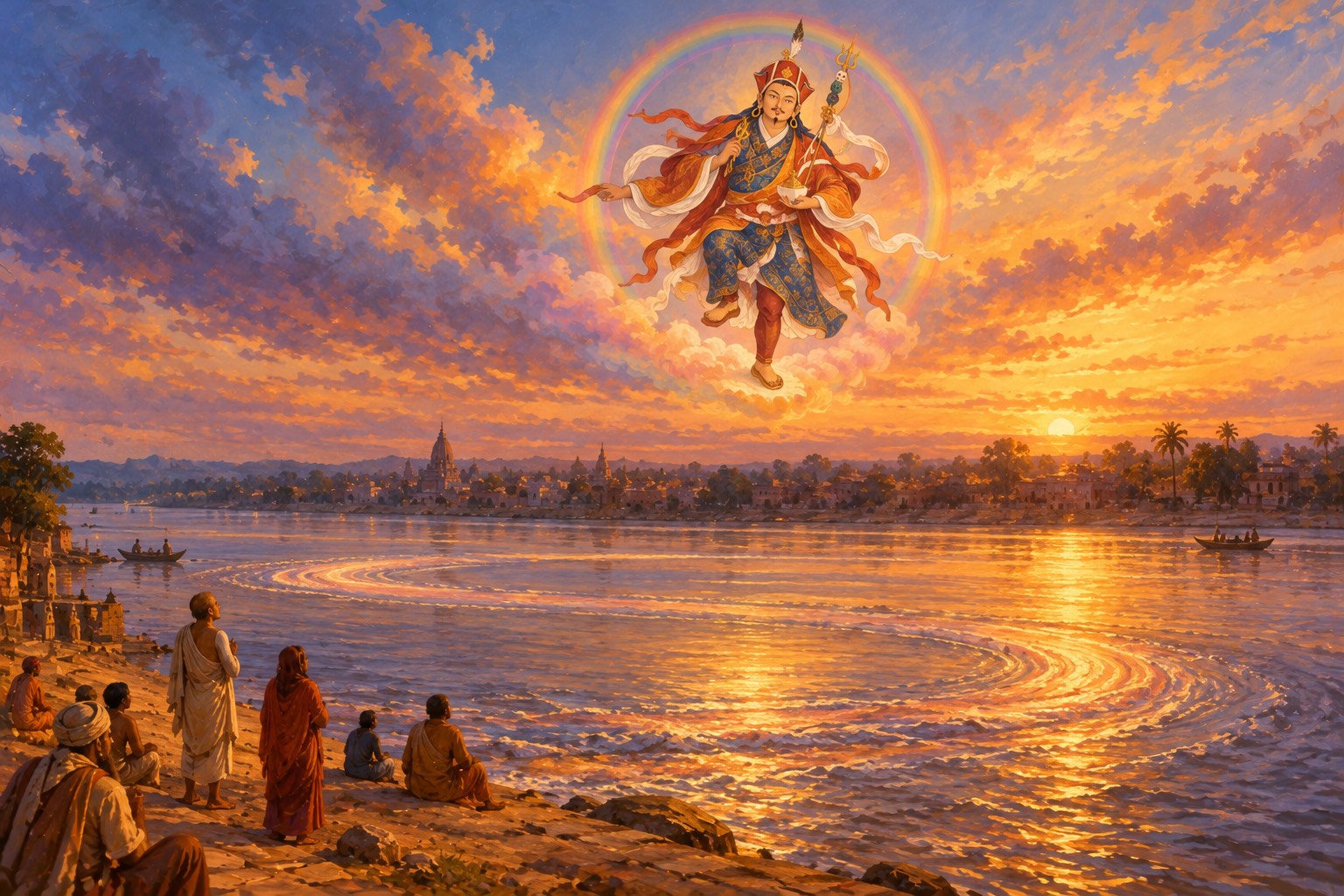At sunset over a wide Indian river, the current curls back on itself in a glowing swirl. High above it, small against the sky, Guru Rinpoche in his lotus hat stands on the air in a gentle dance step, inside a faint rainbow.