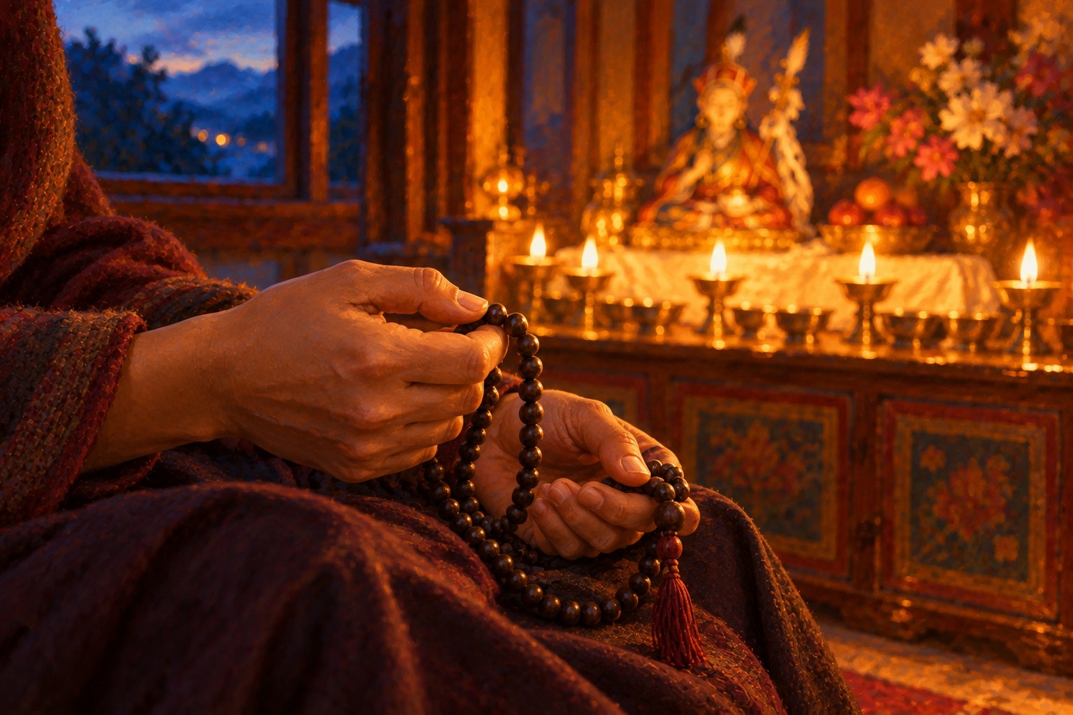 Close up, two hands rest in a lap holding a string of dark wooden prayer beads, the thumb moving one bead, while butter lamps glow softly out of focus behind.