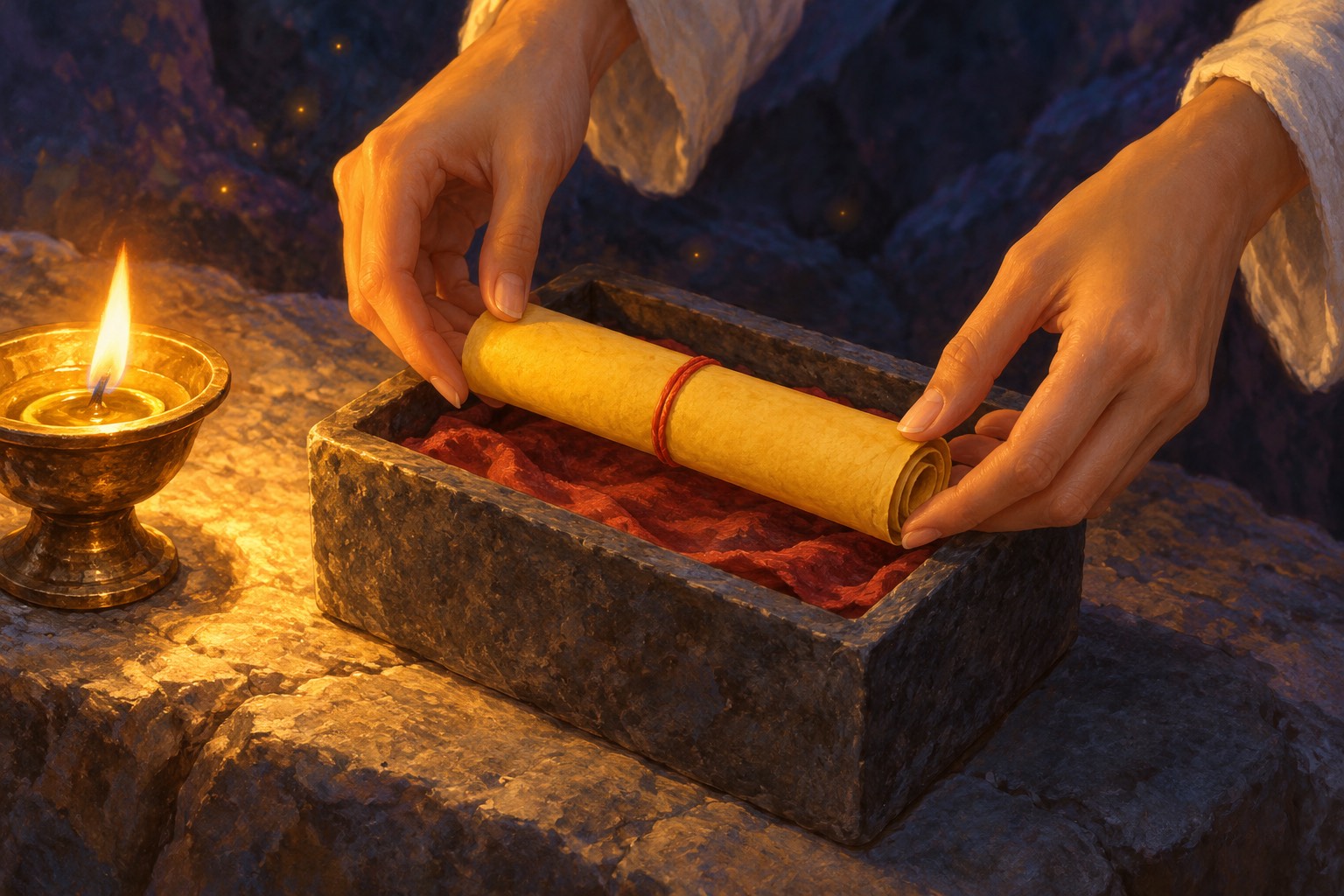 A close-up by lamplight of two hands lowering a small, tightly rolled yellow scroll tied with red thread into a hand-sized stone casket lined with red cloth.