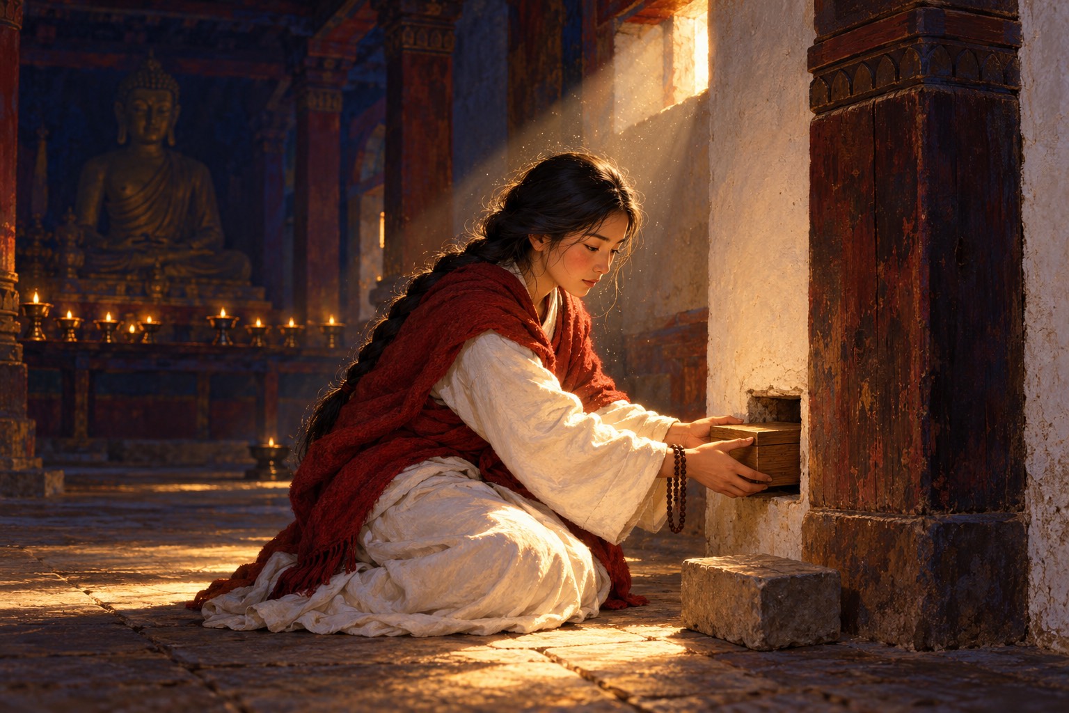 In a dim temple hall with dark wooden pillars, Yeshe Tsogyal kneels in a shaft of window light and slides a small wooden casket into an opening in the wall at the foot of a pillar.