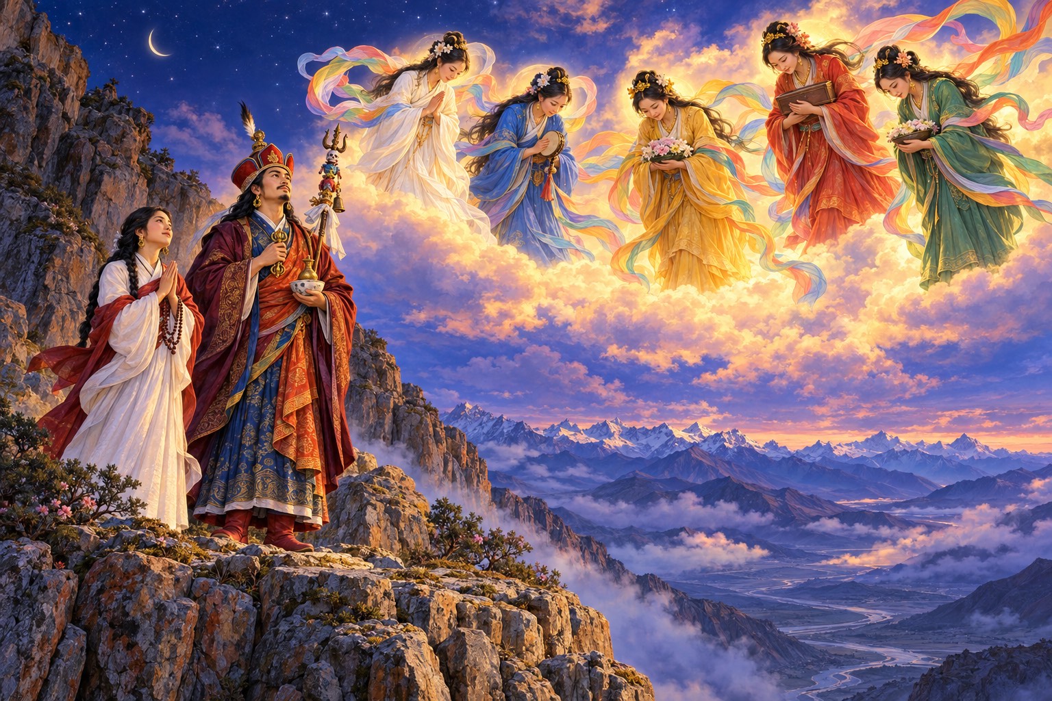 At twilight on a high cliff ledge, Guru Rinpoche and Yeshe Tsogyal look up at five dakinis in white, blue, yellow, red and green silks on glowing clouds; one dakini holds a small casket to her chest.