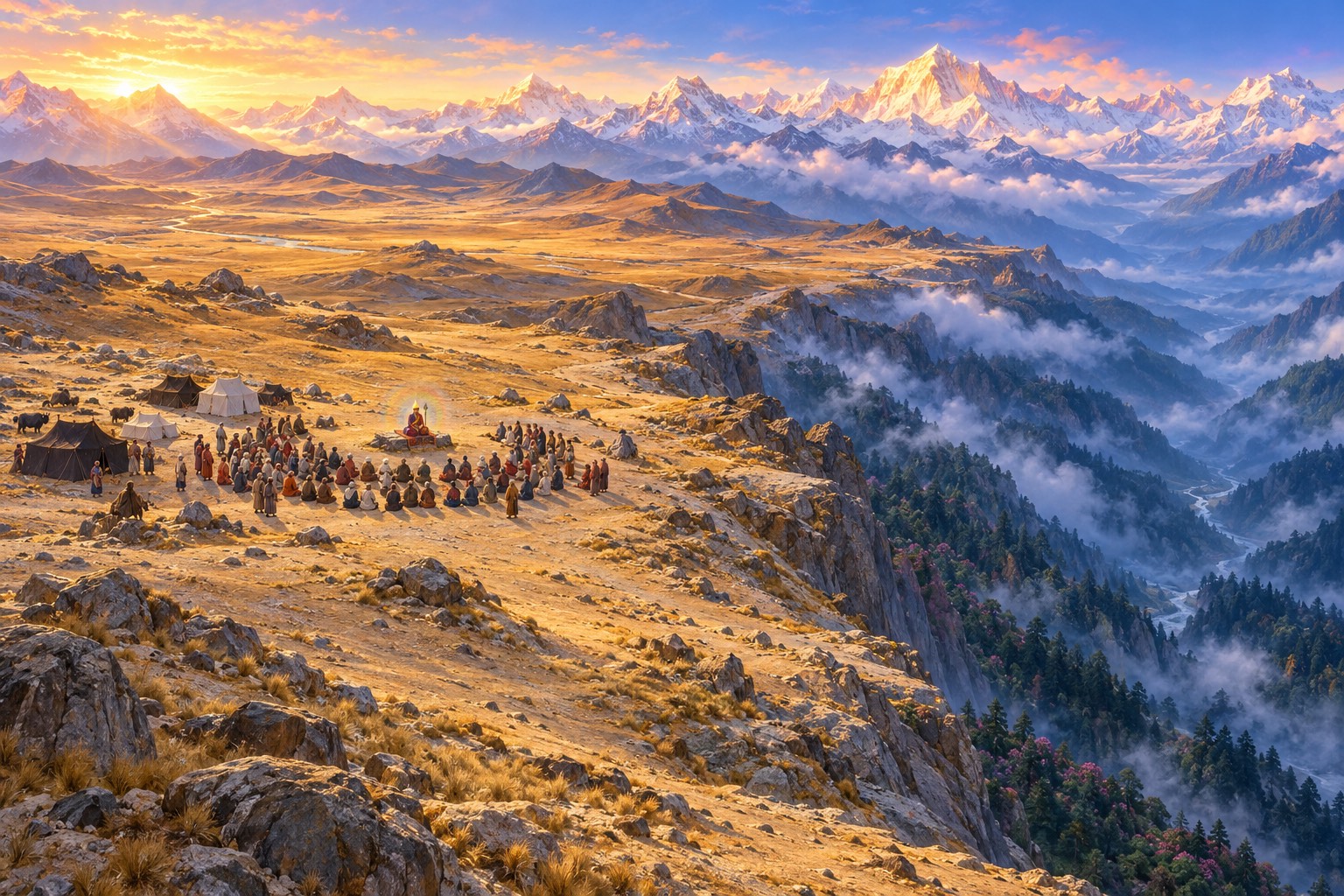 From high above, a crowd of Tibetans in long robes and turbans gathers in a crescent on a sandy mountain pass around the small seated figure of Guru Rinpoche, with tents nearby, dry grasslands to one side and a forested valley to the other.